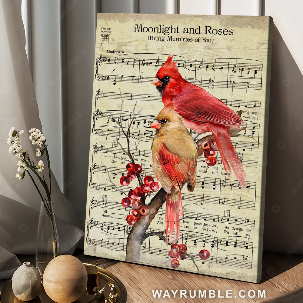 Watercolor cardinal, Pretty cranberry tree, Moonlight and Roses - Heaven Portrait Canvas Prints, Wall Art