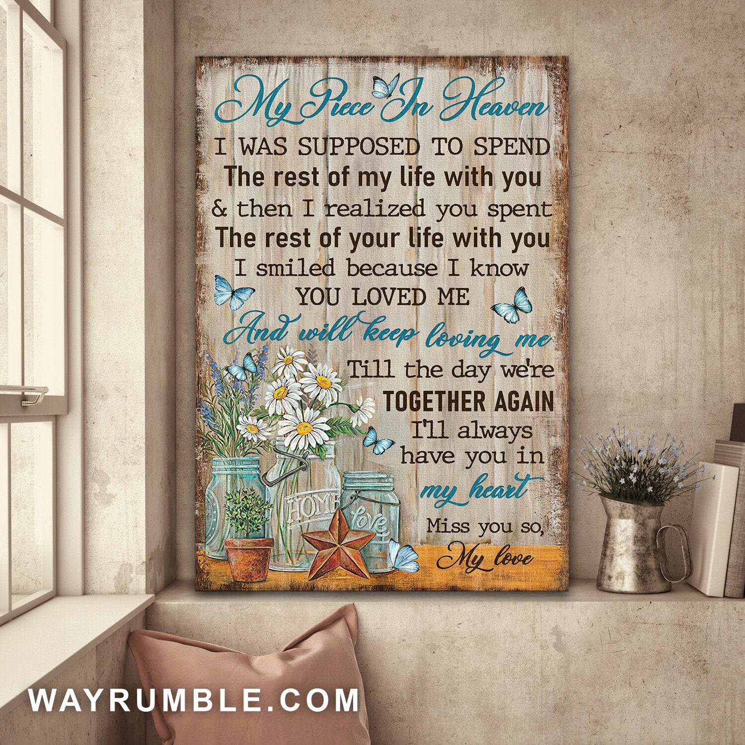 Flowers jar, Star, Butterfly, I know you love me and will keep loving me - Heaven Portrait Canvas Prints, Wall Art