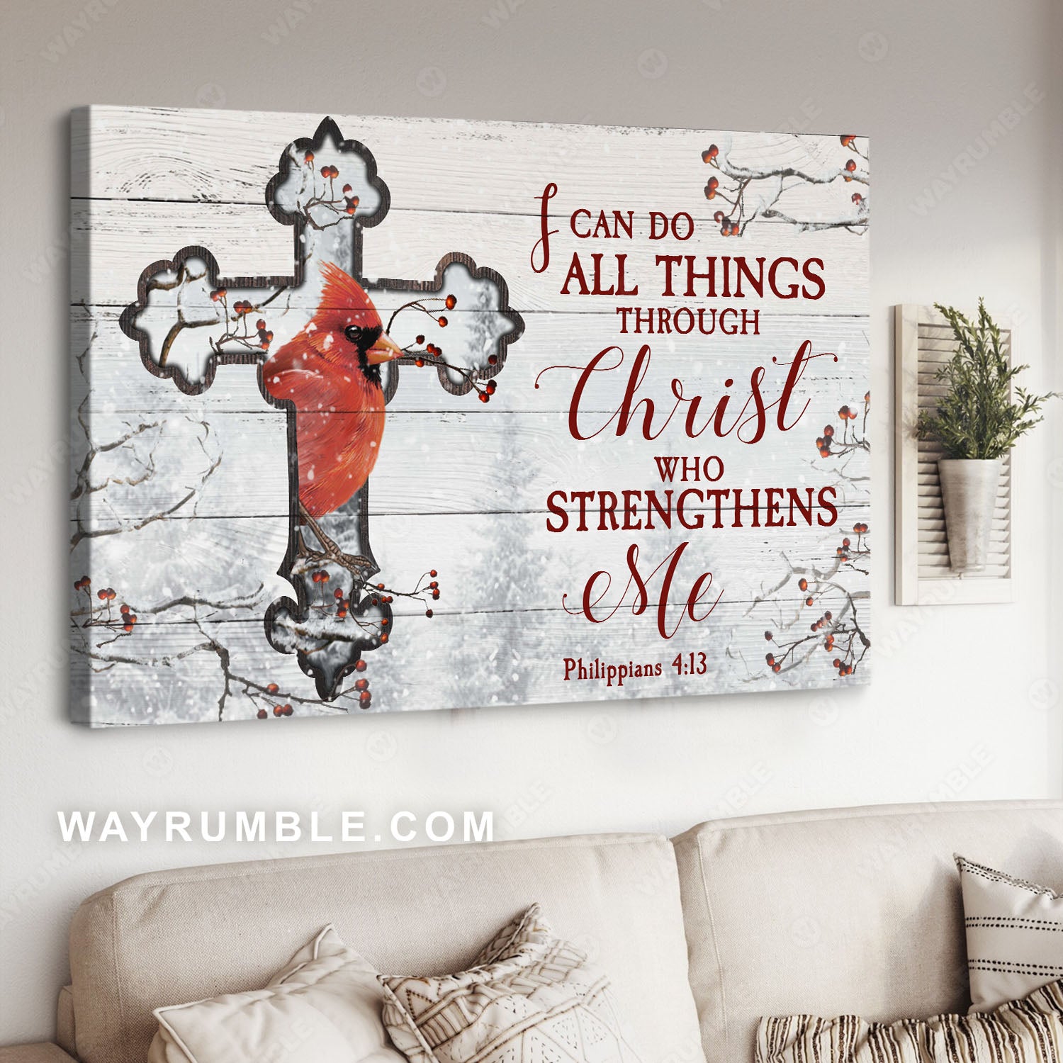 Red cardinal, Awesome cross, Bible verse, I can do all things through Christ who strengthens me - Heaven Landscape Canvas Prints, Wall Art