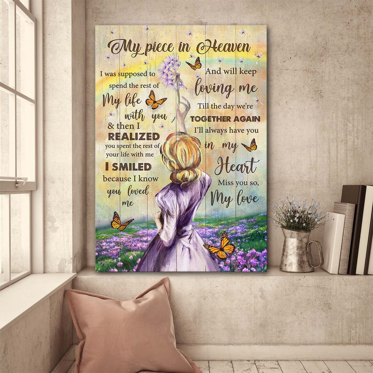 Beautiful girl, Flower field, butterfly, My piece in heaven, Till the day we&#39;re together again - Heaven Portrait Canvas Prints, Wall Art