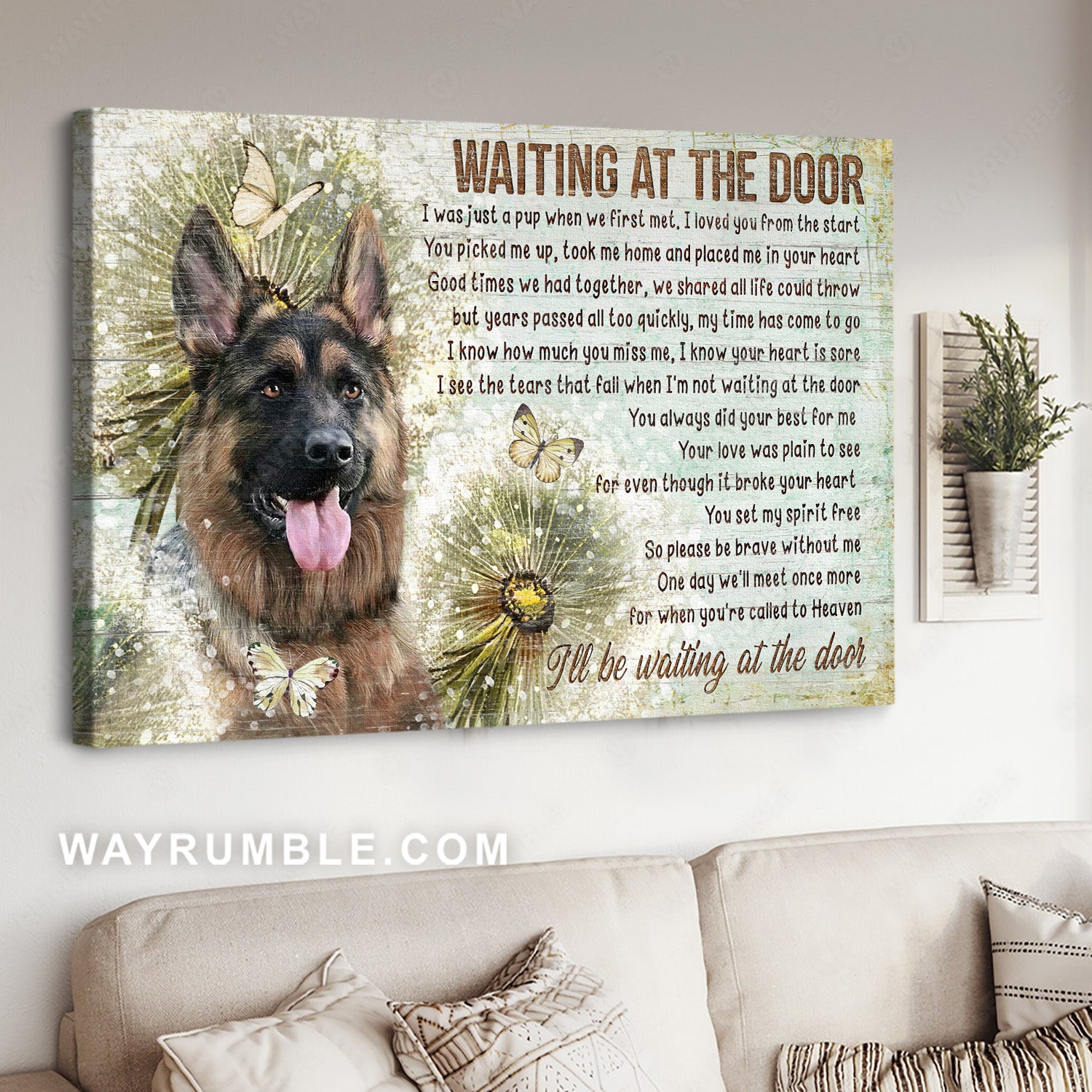 German Shepherd dog, Watercolor dandelion, Butterfly drawing, Waiting at the door - Heaven Landscape Canvas Prints, Home Decor Wall Art