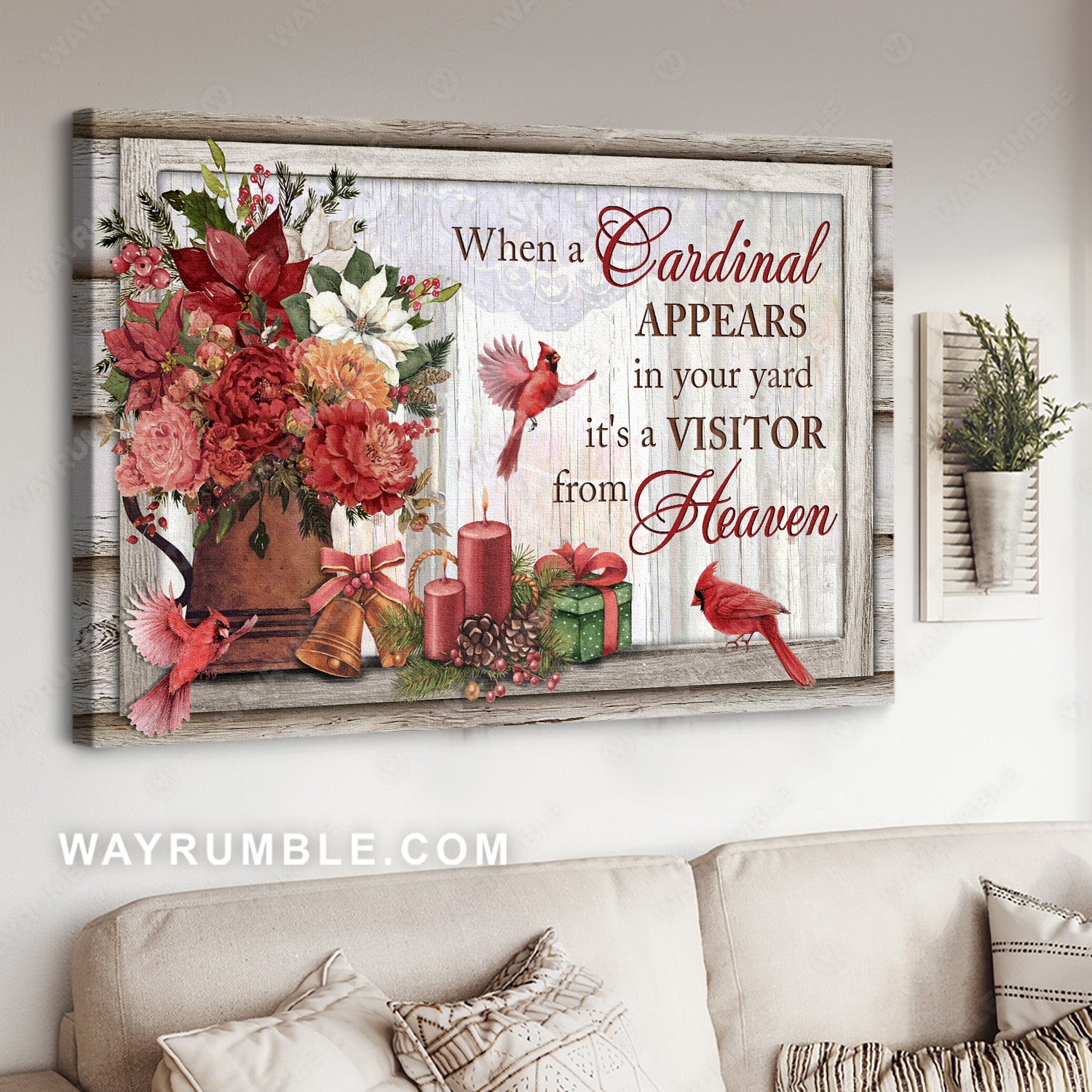 Christmas gift, Red cardinal, Colorful flower vase, A visitor from heaven - Heaven Landscape Canvas Prints, Home Decor Wall Art