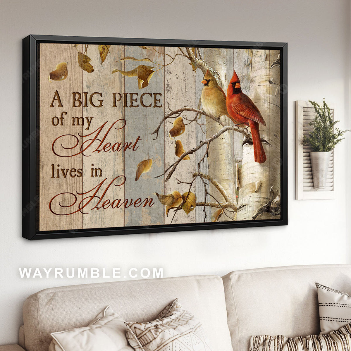 Cardinal couple, Birch tree, Memorial gift, A big piece of my heart lives in heaven - Heaven Landscape Canvas Prints, Home Decor Wall Art
