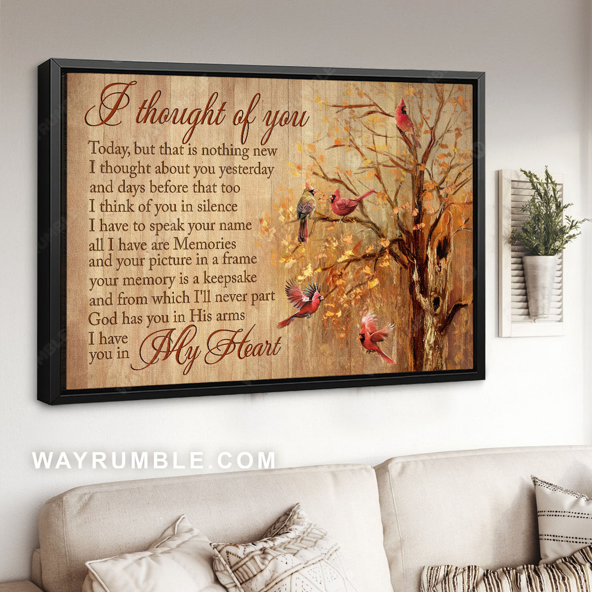 Autumn season, Red cardinals, Positive quote, Memorial gift, I thought of you - Heaven Landscape Canvas Prints, Home Decor Wall Art