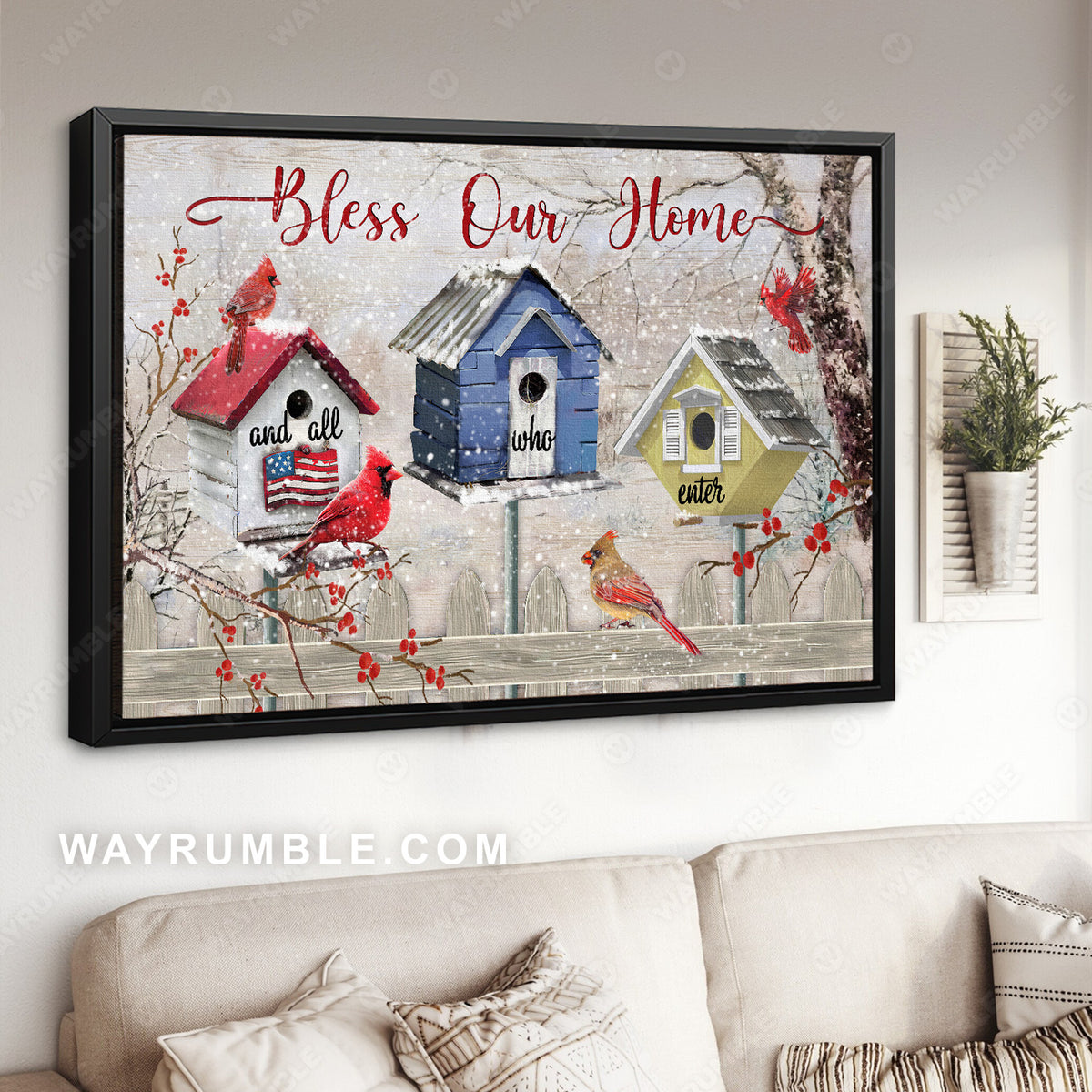 Red cardinal, Lovely birdhouses, Winter garden, Bless our home and all who enter - Heaven Landscape Canvas Prints, Wall Art
