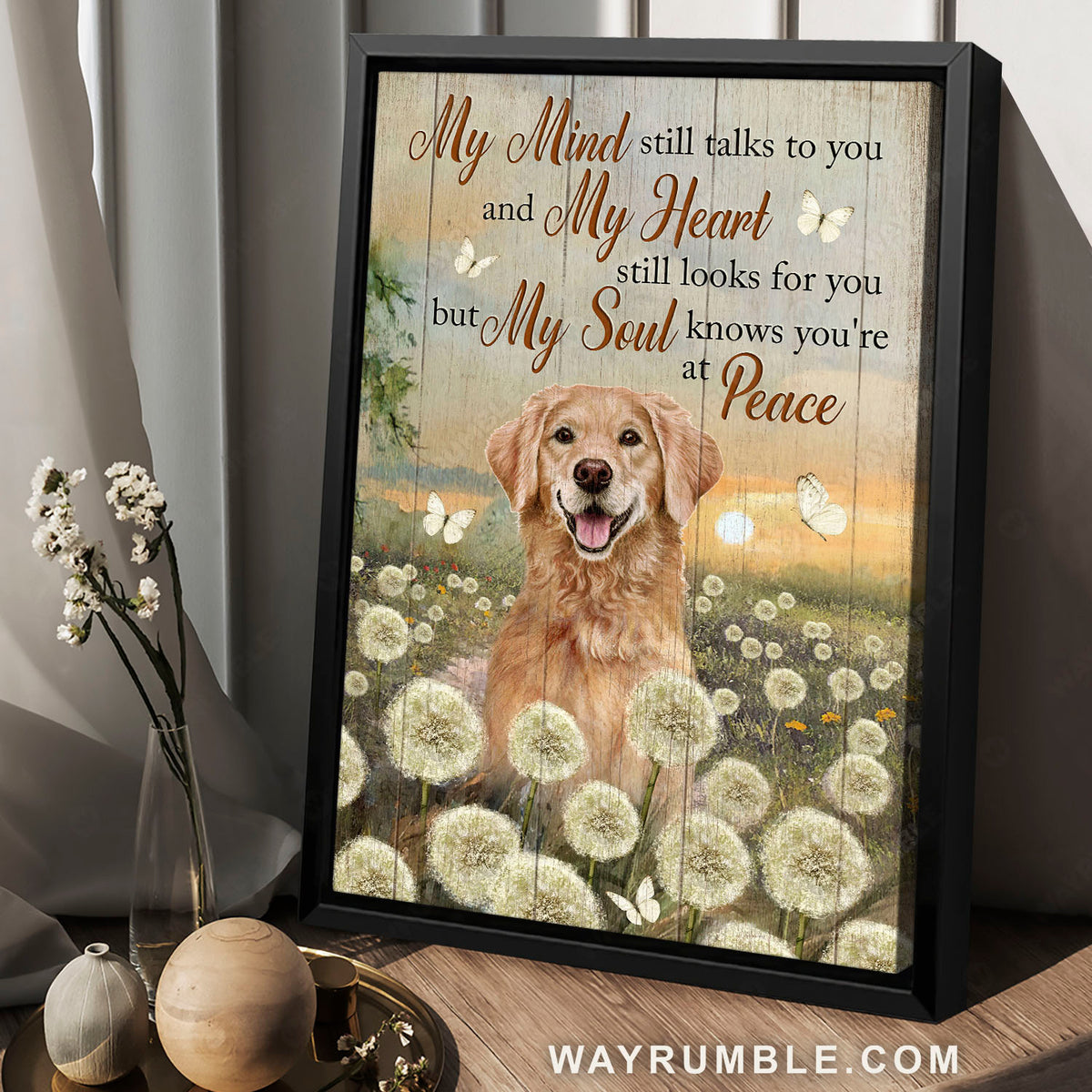 Golden Retriever, Dandelion field, White butterfly, My mind still talks to you - Heaven Portrait Canvas Prints, Home Decor Wall Art