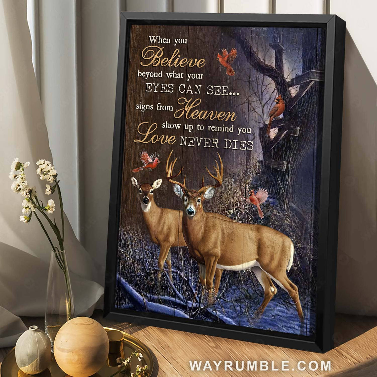 Red cardinal, Memorial gift, Positive quote, Deer painting, Love never dies - Heaven Portrait Canvas Prints, Home Decor Wall Art