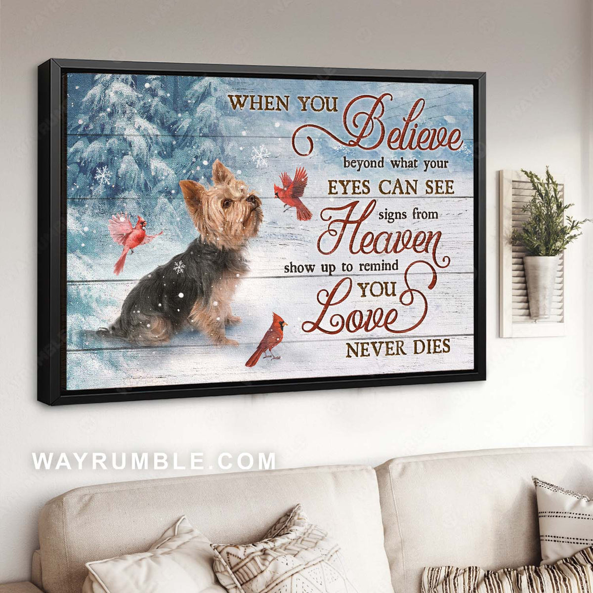 Adorable Yorkshire Terrier, Red cardinal, Snowy forest, Love never dies - Heaven Landscape Canvas Prints, Home Decor Wall Art