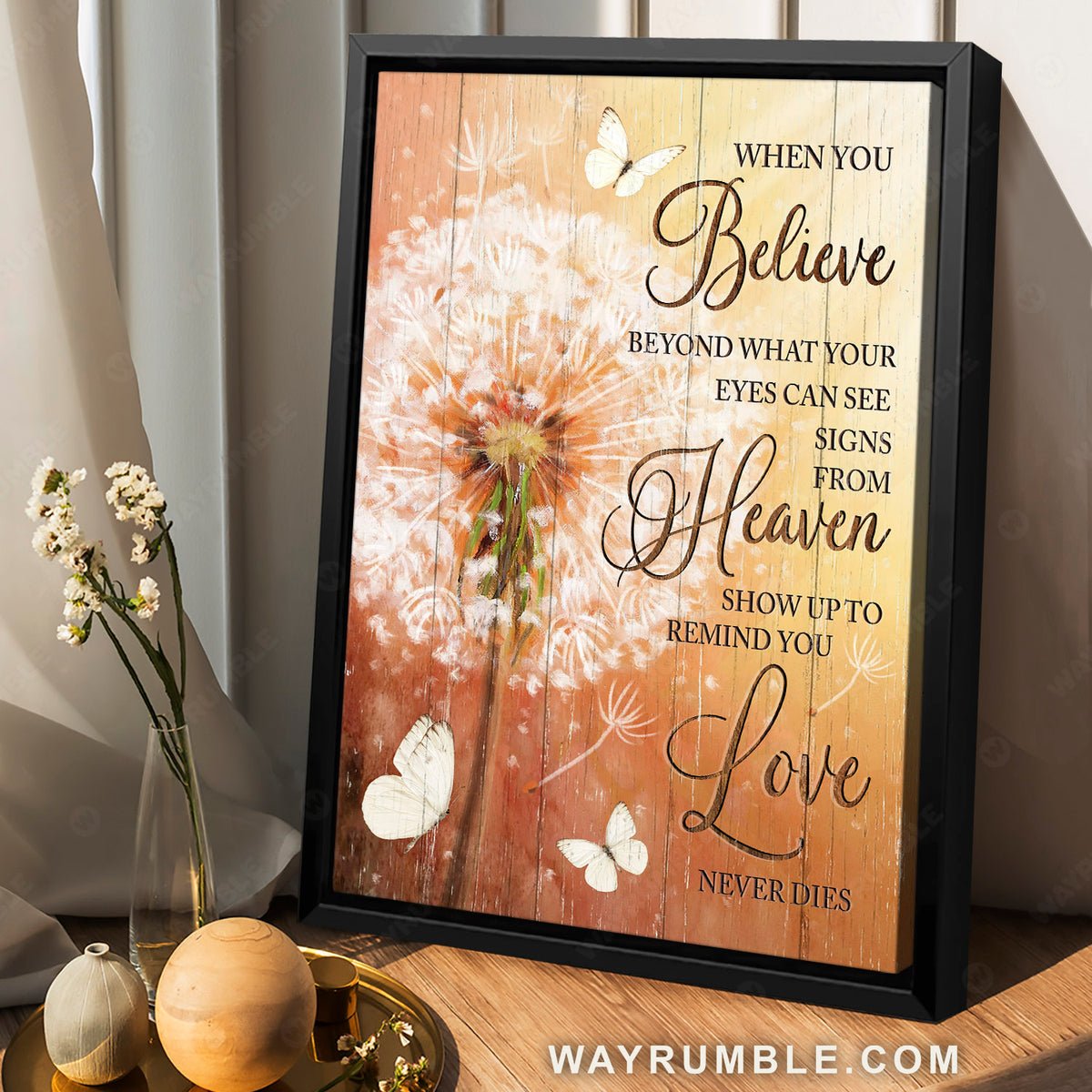 Dandelion drawing, White Butterfly, Motivational quote, Love never dies - Heaven Portrait Canvas Prints, Home Decor Wall Art