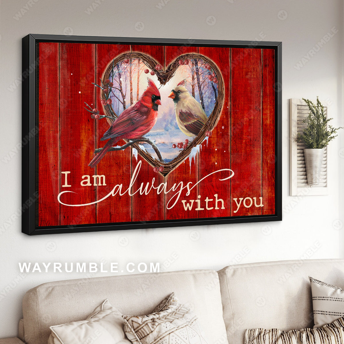 Cardinal couple, Cranberry, Heart wreath, I am always with you - Heaven Landscape Canvas Prints, Wall Art