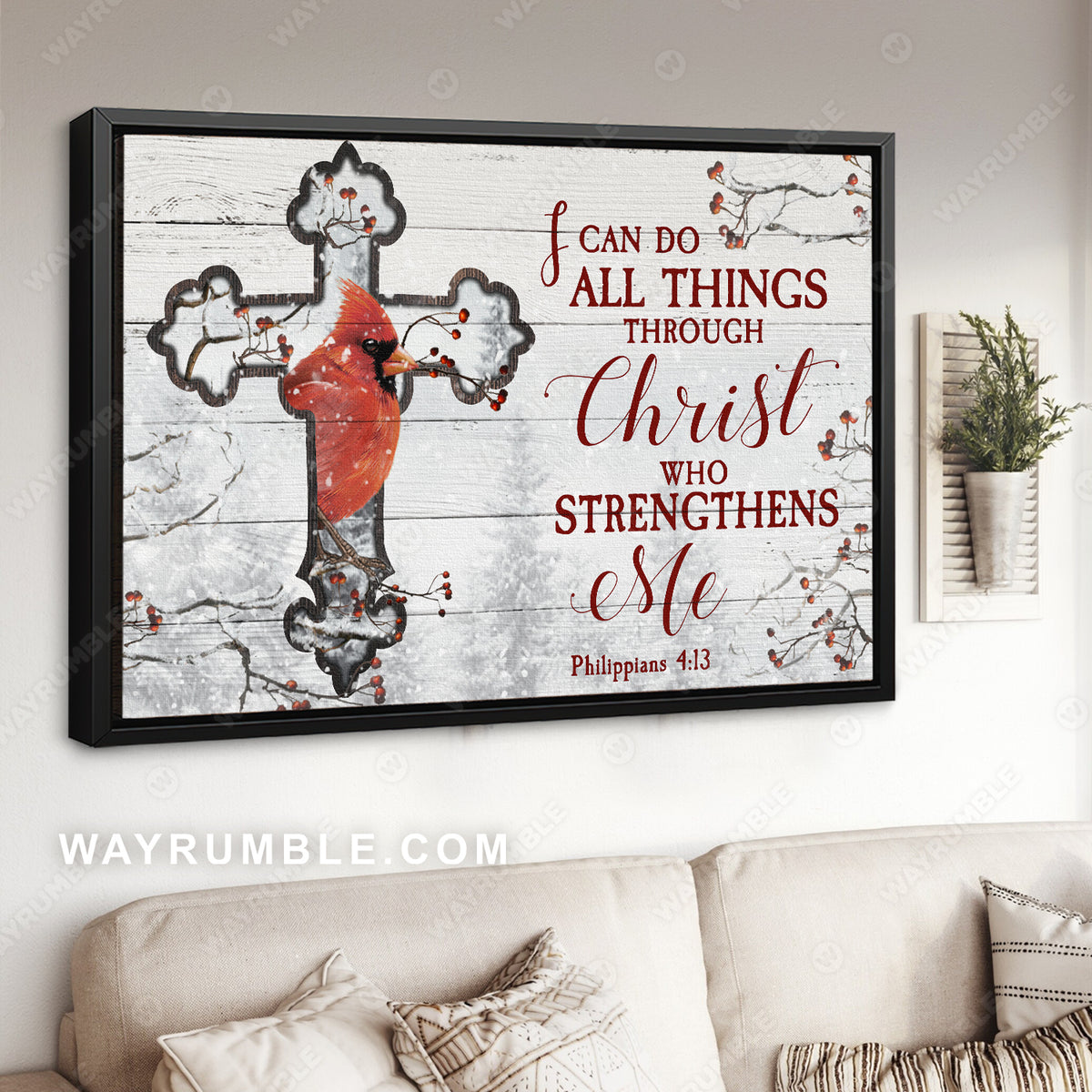 Red cardinal, Awesome cross, Bible verse, I can do all things through Christ who strengthens me - Heaven Landscape Canvas Prints, Wall Art