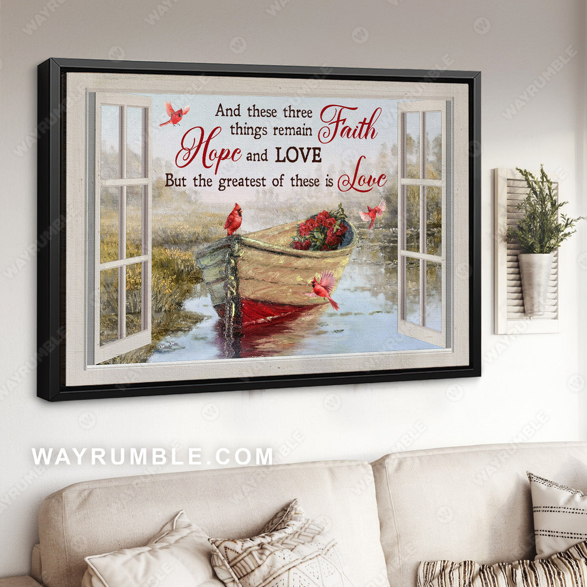 Cardinal drawing, Red roses, Small boat, These three things remain Faith Hope and Love - Heaven Landscape Canvas Prints, Wall Art