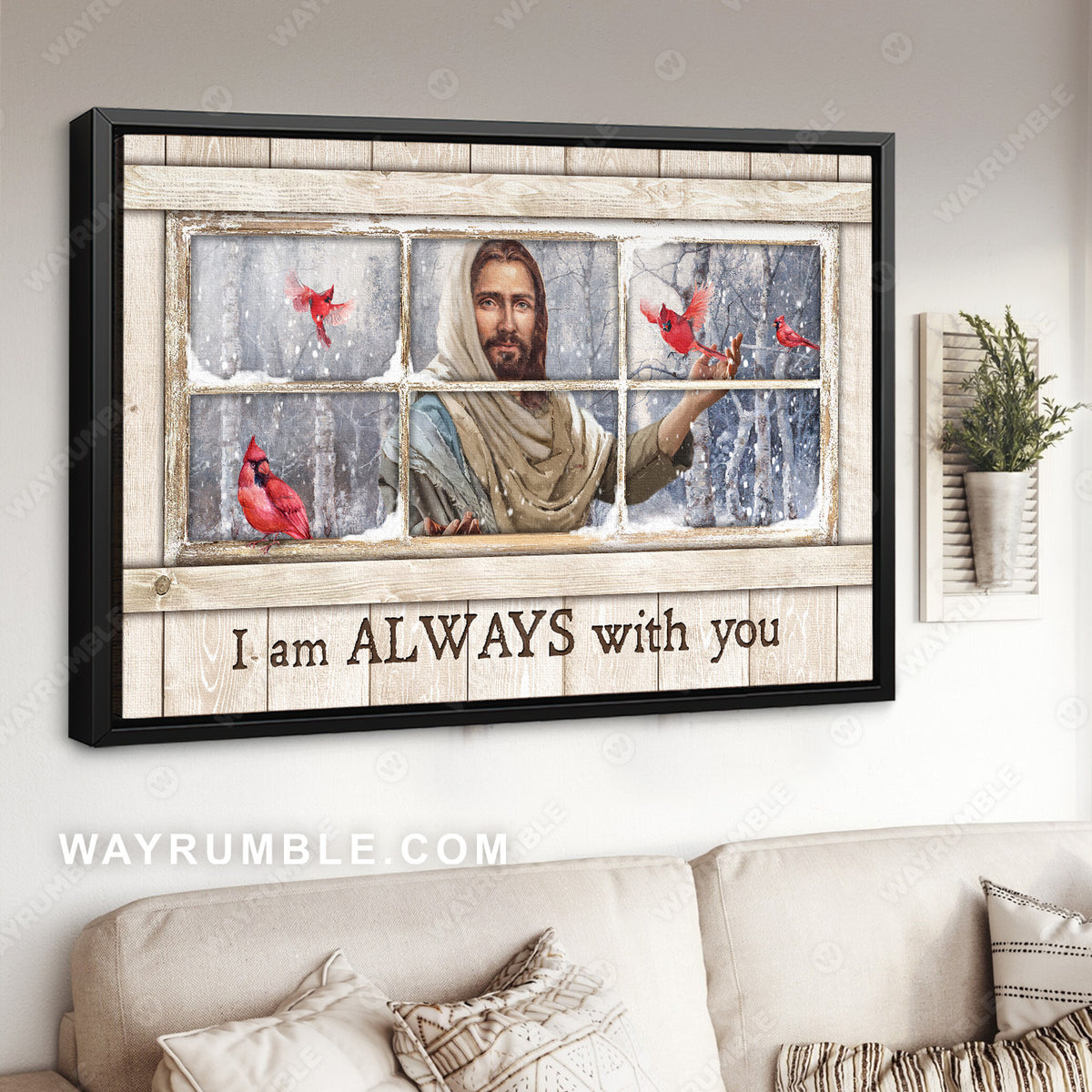 Red cardinal, Jesus Christ, Wooden window frame, I am always with you - Heaven Landscape Canvas Prints, Wall Art