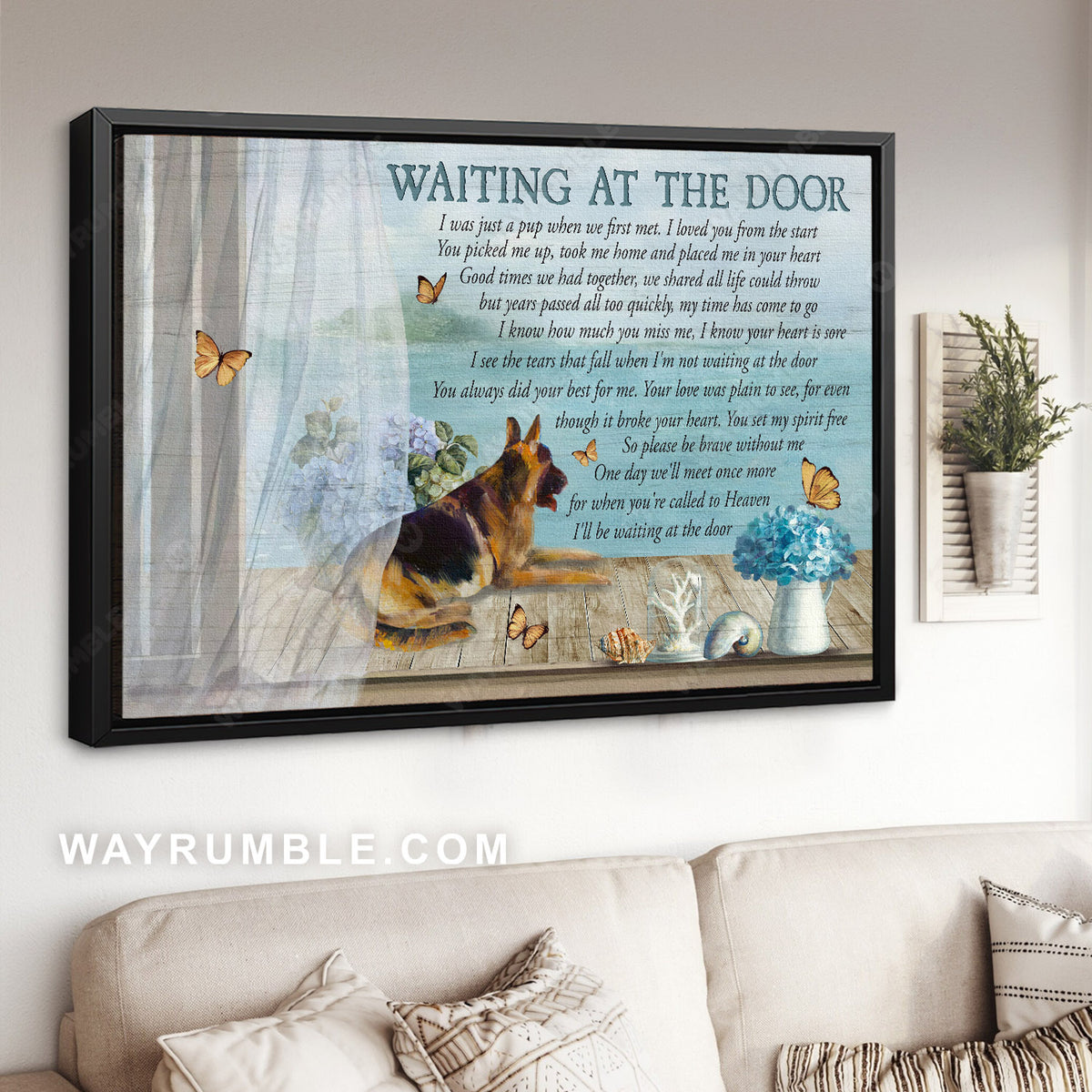 German Shepherd, Hydrangea vase, Monarch butterfly, Waiting at the door - Heaven Landscape Canvas Prints, Home Decor Wall Art