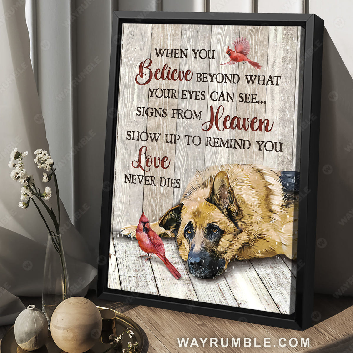 German Shepherd, Red cardinal, Signs from heaven remind you love never dies - Heaven Portrait Canvas Prints, Wall Art