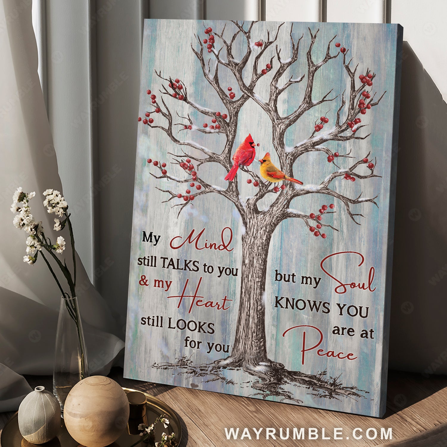 Cranberry tree, Watercolor cardinal, Winter painting, My mind still talks to you - Heaven Portrait Canvas Prints, Wall Art