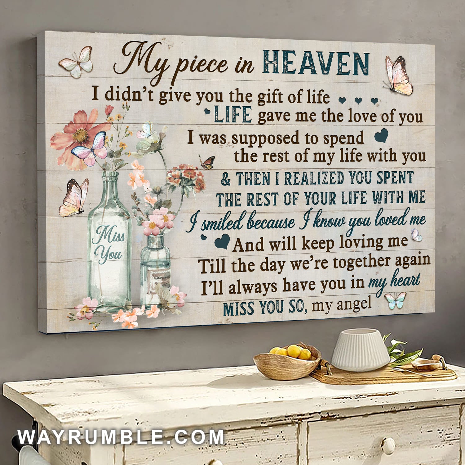 Flowers, Glass bottle, Butterfly, I'll always have you in my heart - Heaven Landscape Canvas Prints, Wall Art