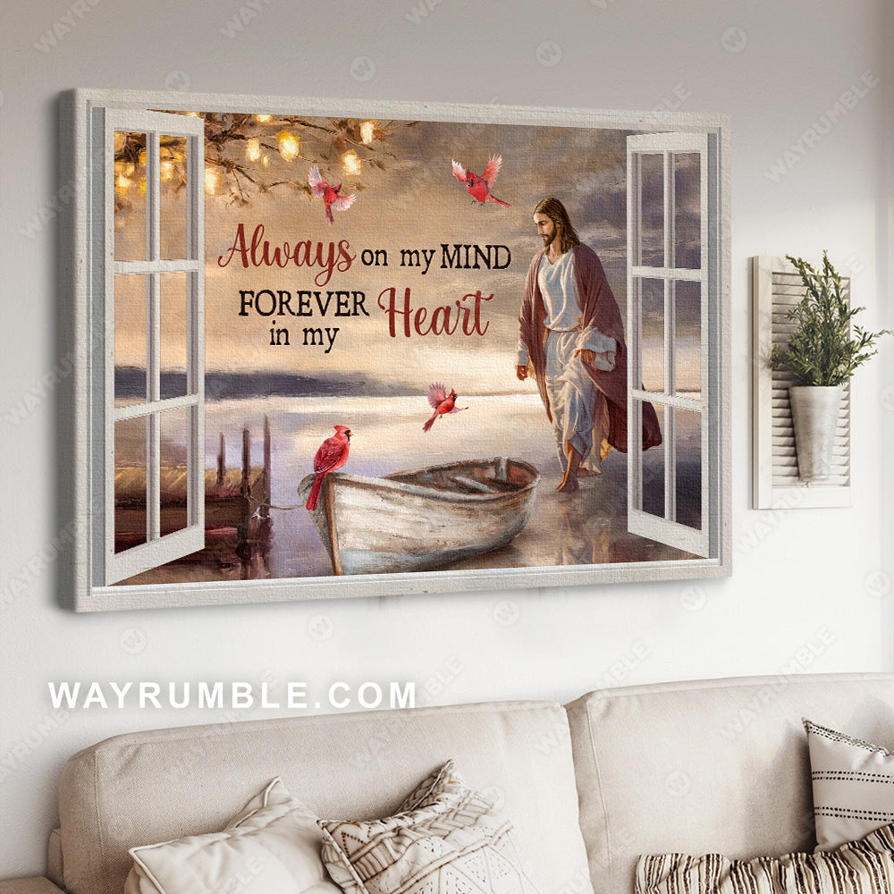 Red cardinal, Small boat, Jesus walking on water, Always on my mind, forever in my heart - Heaven Landscape Canvas Prints, Wall Art