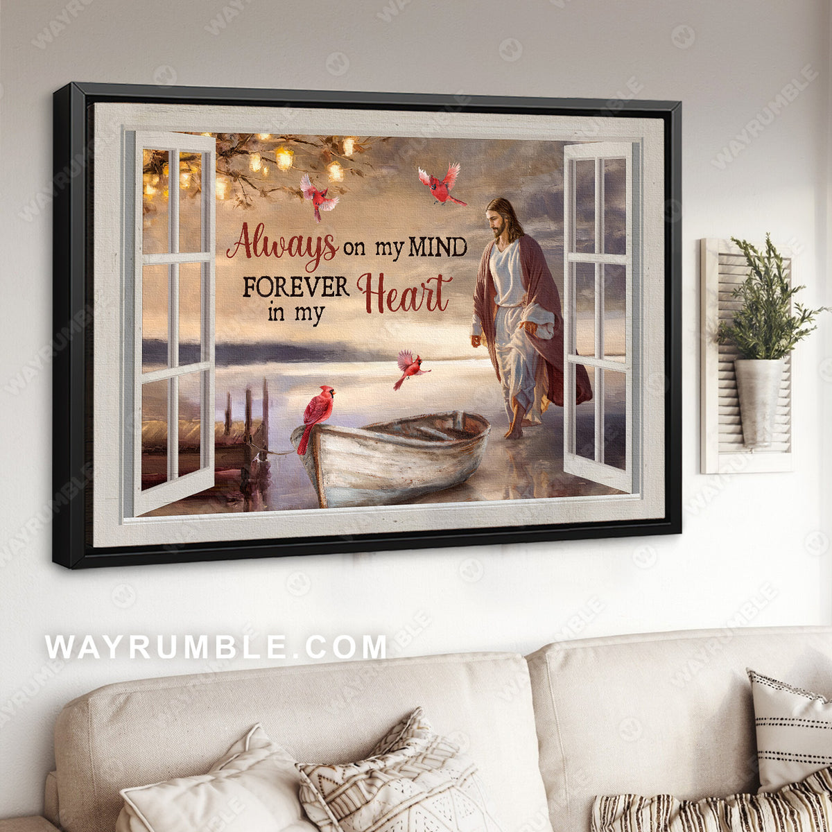 Red cardinal, Small boat, Jesus walking on water, Always on my mind, forever in my heart - Heaven Landscape Canvas Prints, Wall Art
