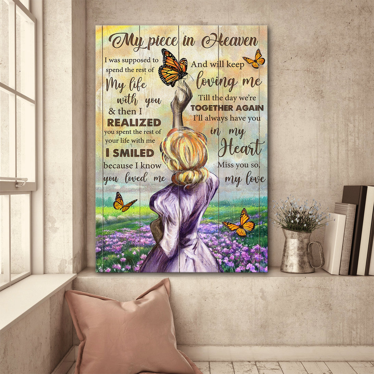 Beautiful woman, Flower Field, Butterfly, My piece in heaven, I'll always have you in my heart - Heaven Portrait Canvas Prints, Wall Art