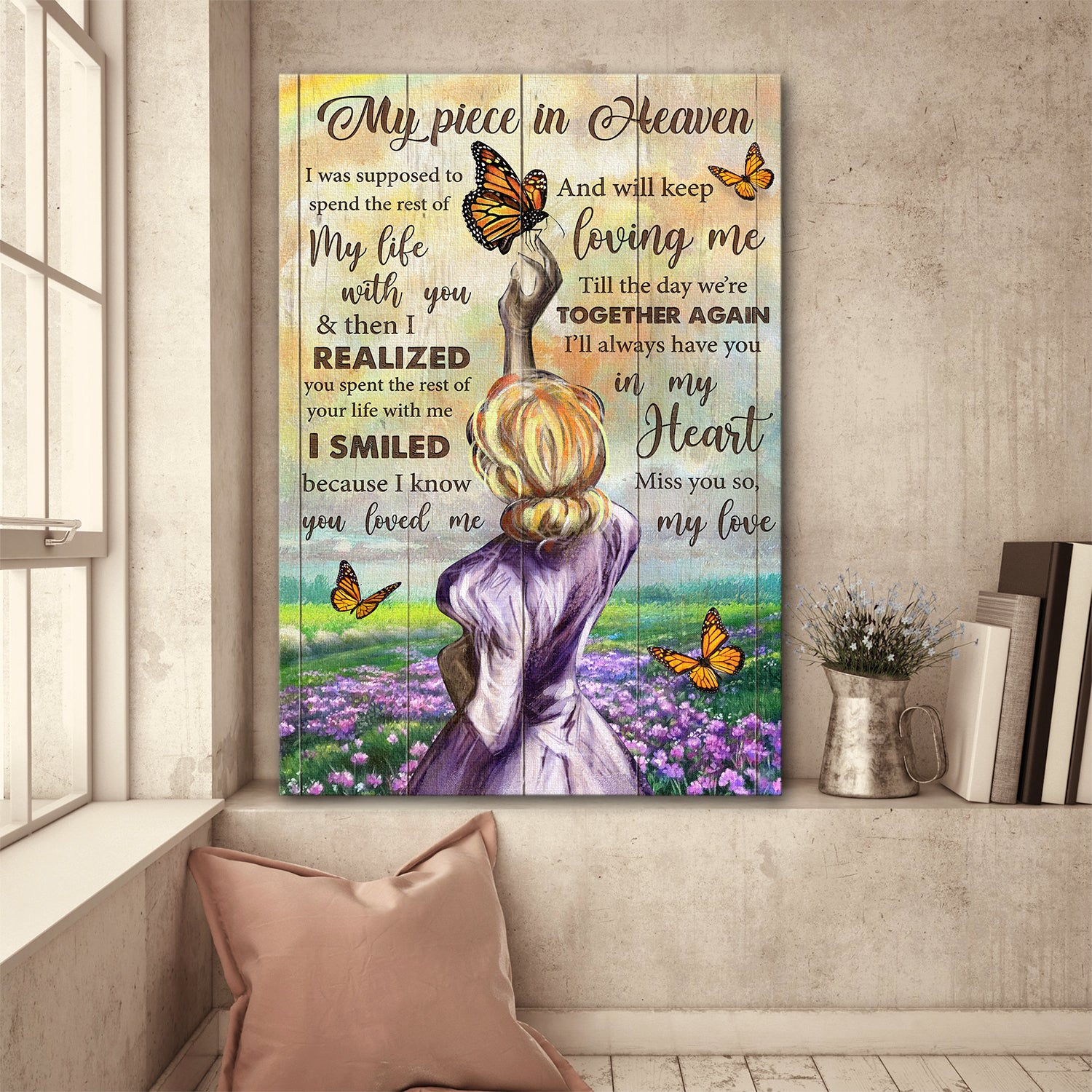 Beautiful woman, Flower Field, Butterfly, My piece in heaven, I'll always have you in my heart - Heaven Portrait Canvas Prints, Wall Art