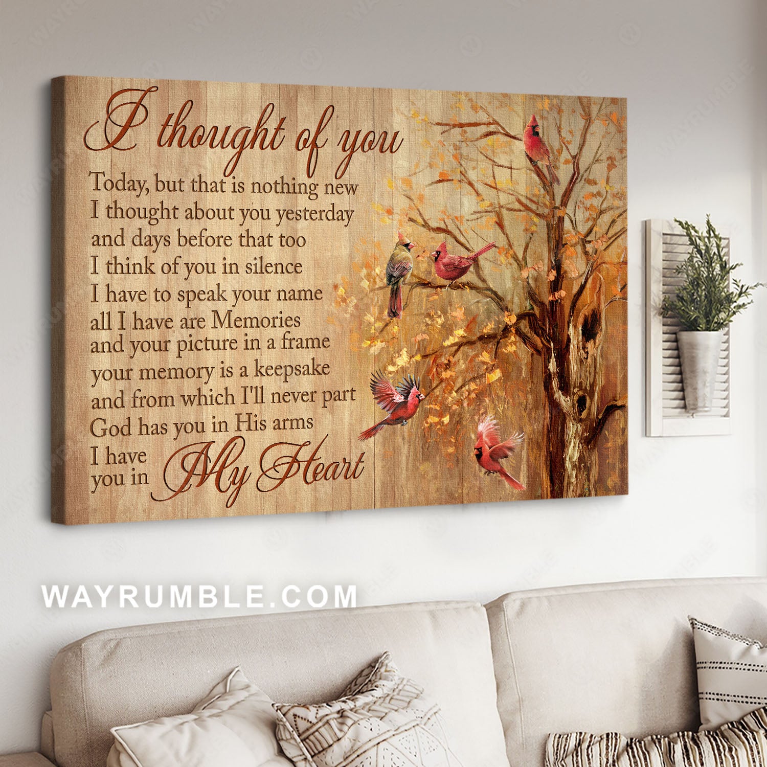 Autumn season, Red cardinals, Positive quote, Memorial gift, I thought of you - Heaven Landscape Canvas Prints, Home Decor Wall Art
