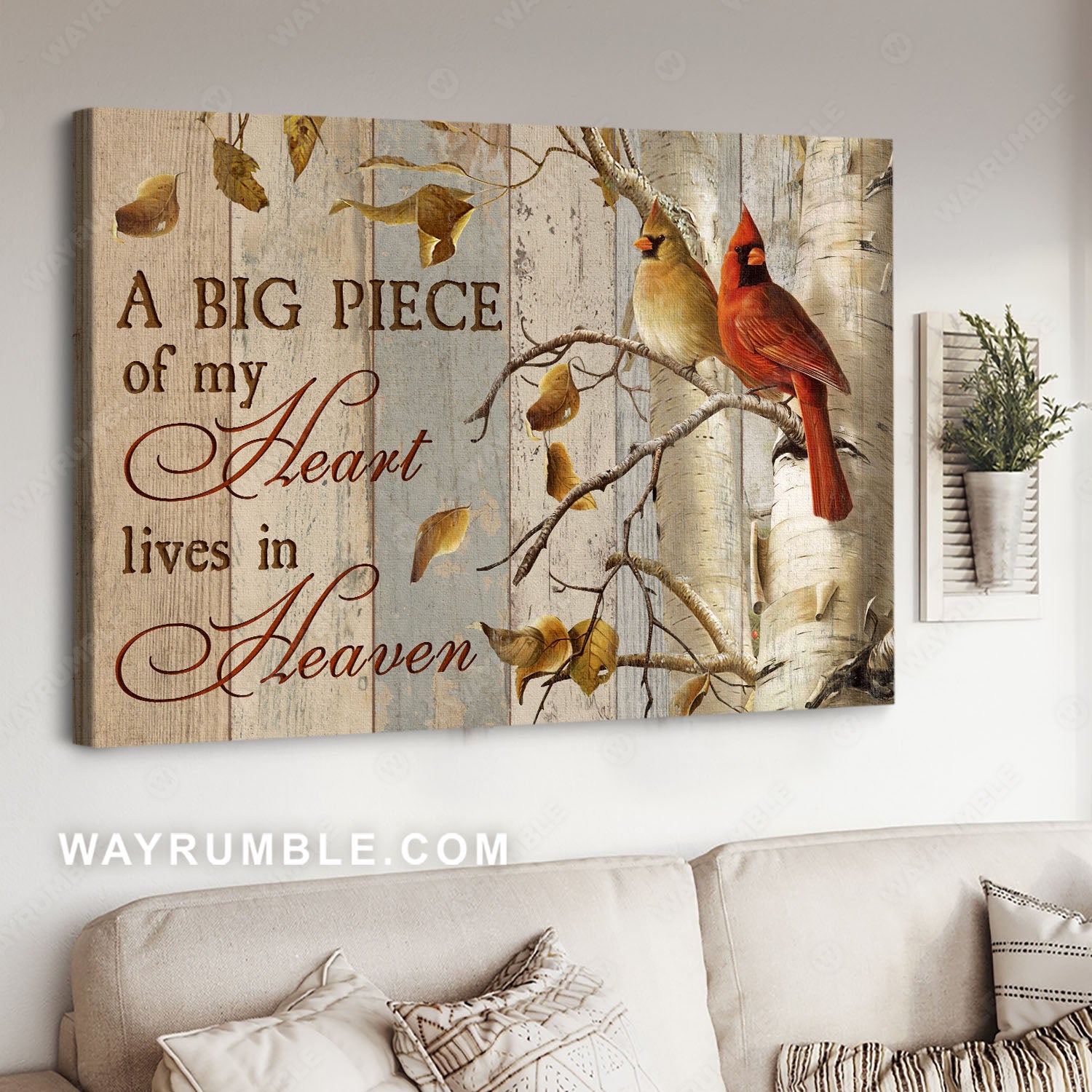 Cardinal couple, Birch tree, Memorial gift, A big piece of my heart lives in heaven - Heaven Landscape Canvas Prints, Home Decor Wall Art