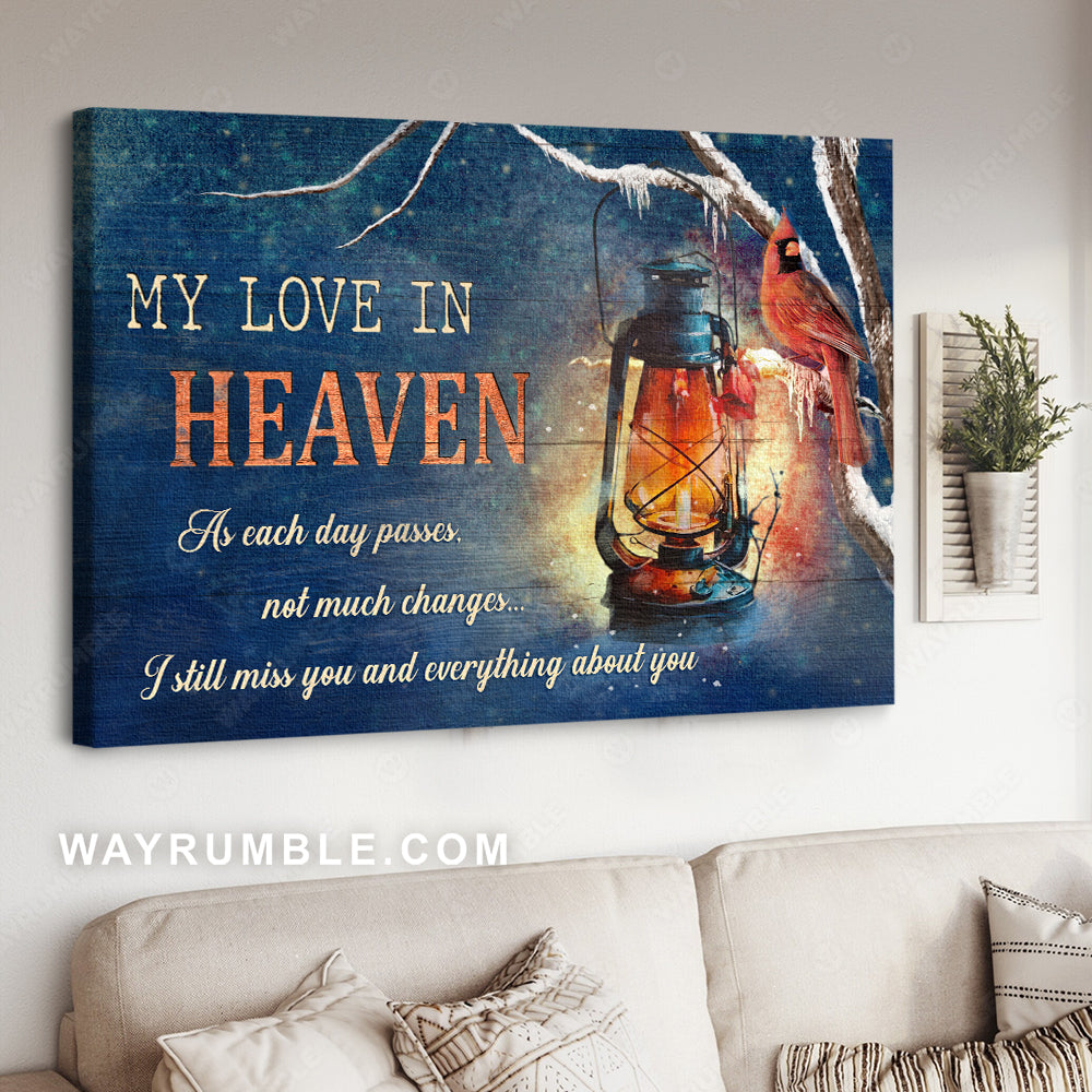 Antique lamp, Red cardinal painting, Winter season, My love in heaven - Heaven Landscape Canvas Prints, Home Decor Wall Art
