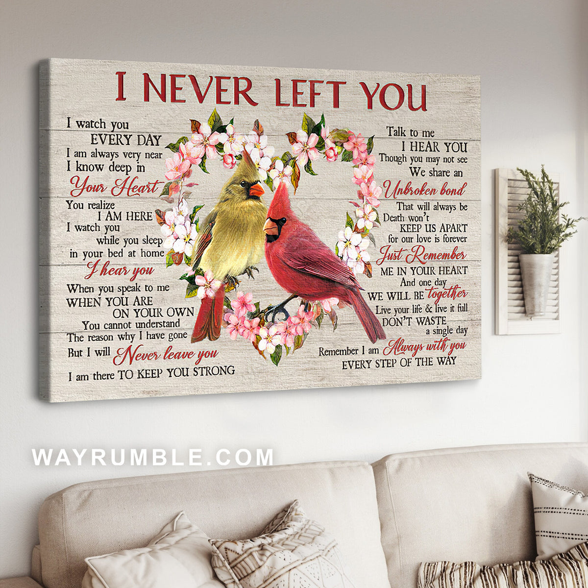 Flower heart, Watercolor cardinal, Memorial gift, I never left you - Heaven Landscape Canvas Prints, Wall Art