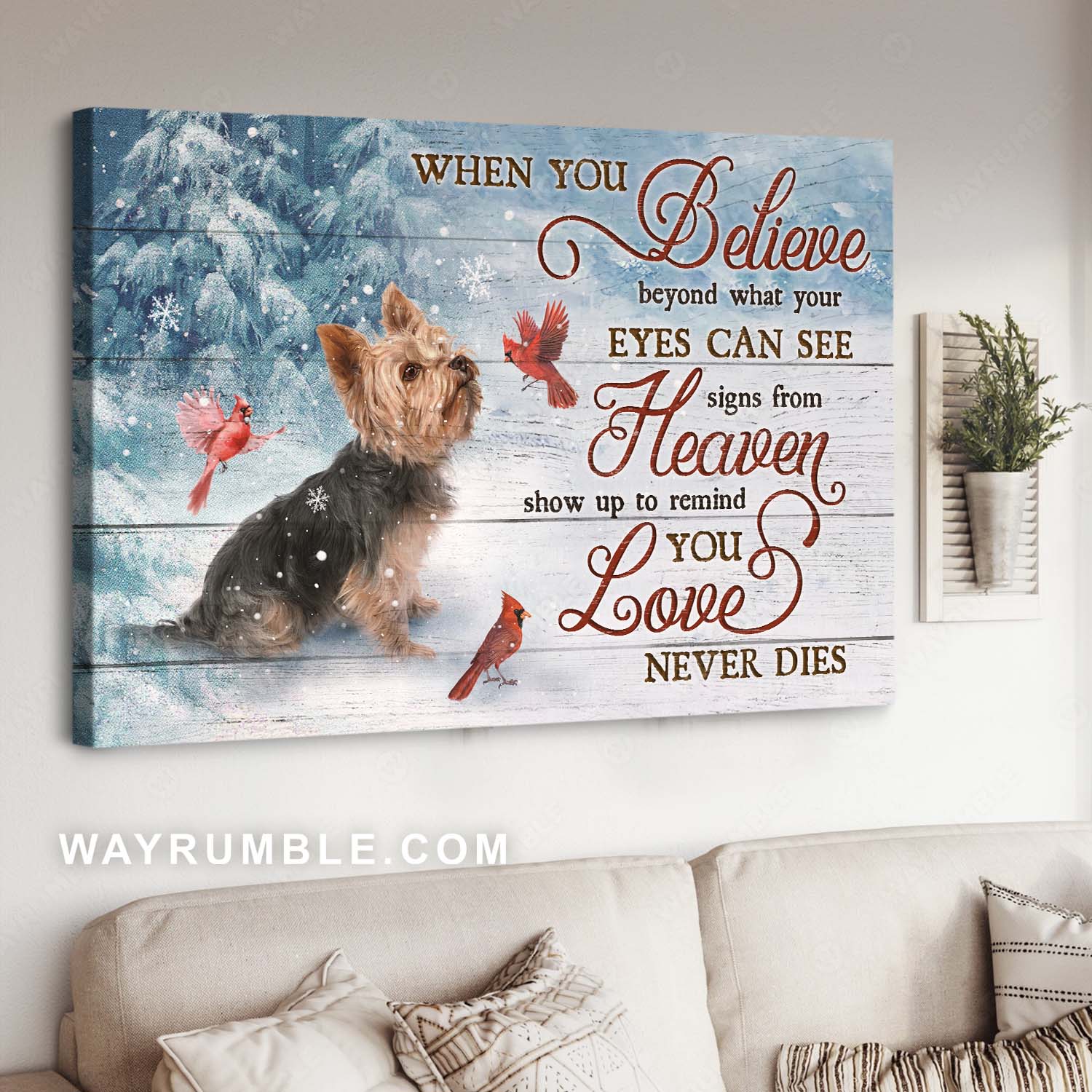 Adorable Yorkshire Terrier, Red cardinal, Snowy forest, Love never dies - Heaven Landscape Canvas Prints, Home Decor Wall Art