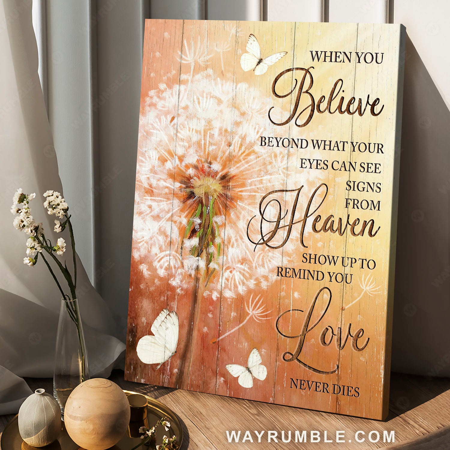Dandelion drawing, White Butterfly, Motivational quote, Love never dies - Heaven Portrait Canvas Prints, Home Decor Wall Art