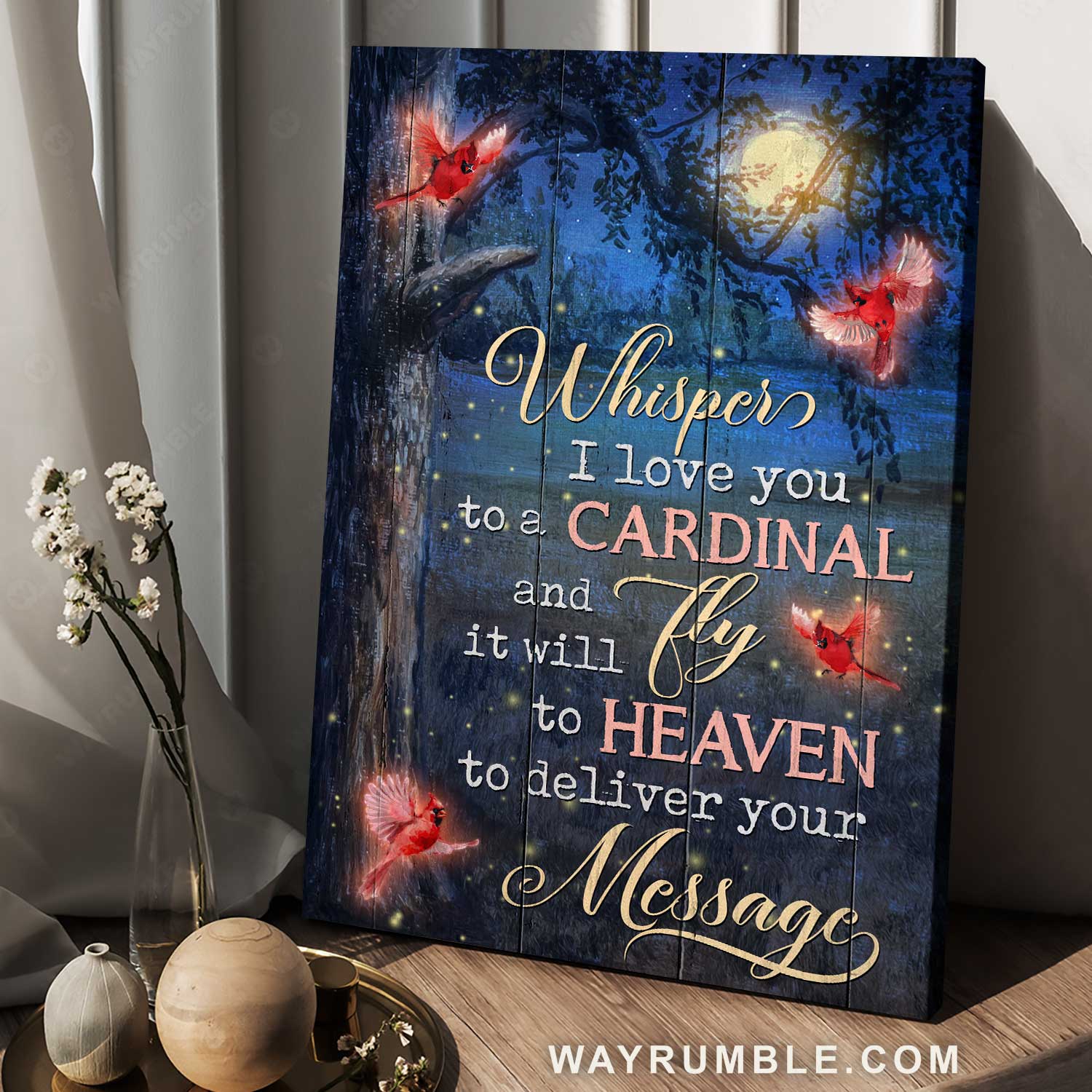 Red cardinal, Beautiful moon, Amazing night painting, Whisper I love you to a cardinal - Heaven Portrait Canvas Prints, Wall Art