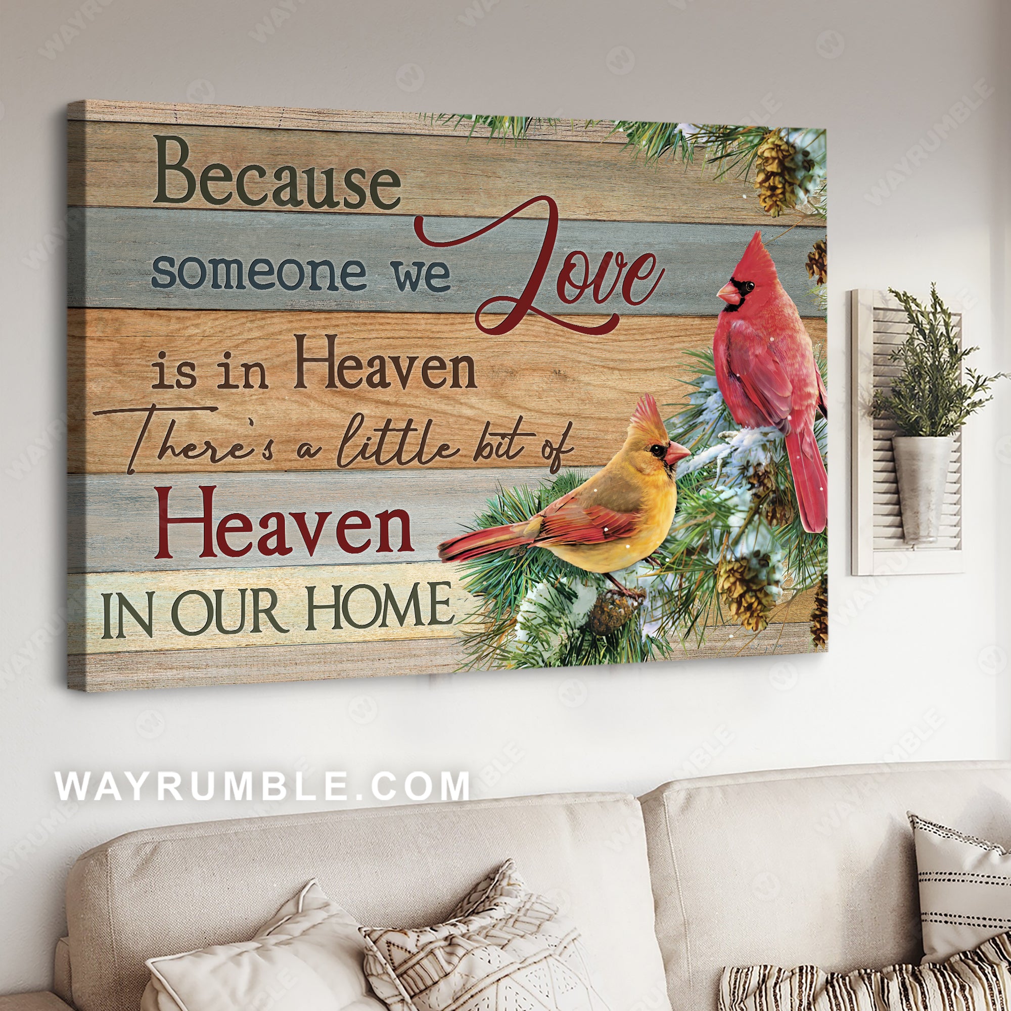 Cardinal couple, Pine tree, Love message, There's a little bit of heaven in our home - Heaven Landscape Canvas Prints, Wall Art