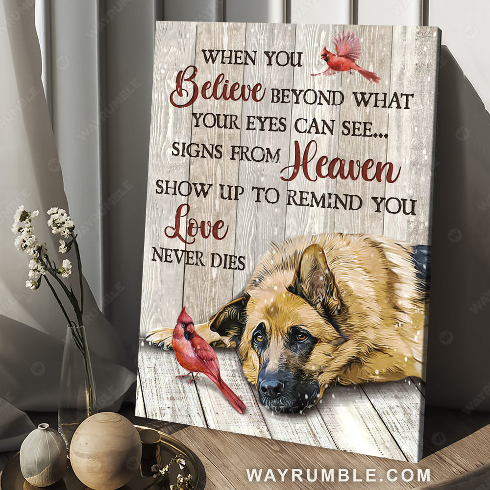German Shepherd, Red cardinal, Signs from heaven remind you love never dies - Heaven Portrait Canvas Prints, Wall Art