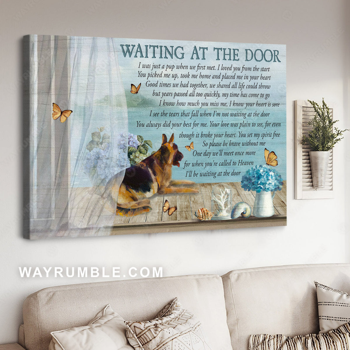 German Shepherd, Hydrangea vase, Monarch butterfly, Waiting at the door - Heaven Landscape Canvas Prints, Home Decor Wall Art