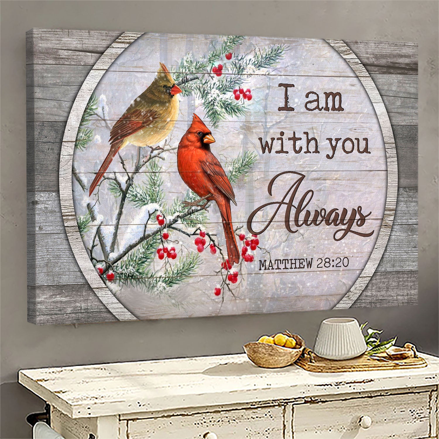 Red cardinal, Winter painting, I am with you always - Heaven Landscape Canvas Prints, Wall Art