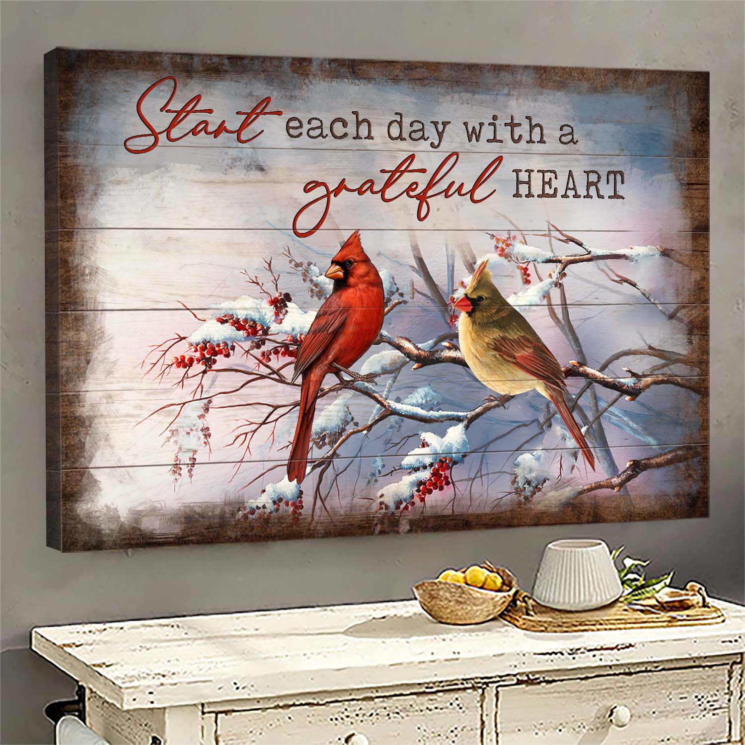 Cardinal Couple, Start each day again with a grateful heart - Heaven Landscape Canvas Prints, Wall Art