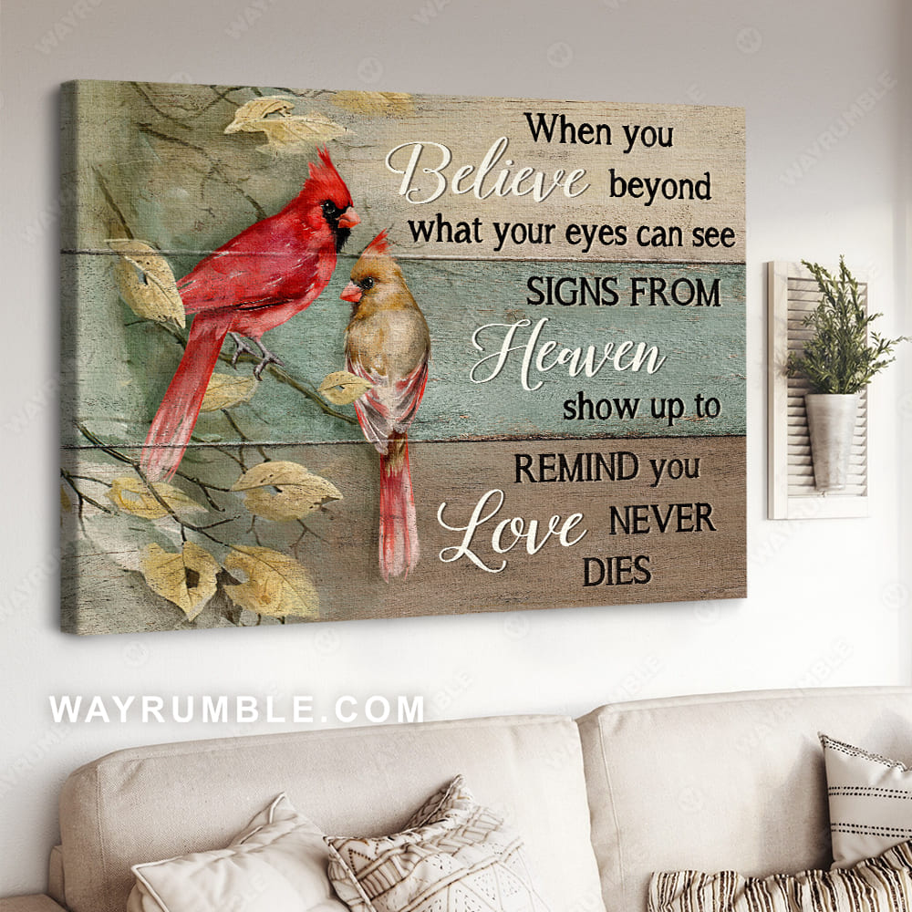 Cardinal drawing, Dried leaves, Signs from heaven show up to remind love never dies - Heaven Landscape Canvas Prints, Wall Art