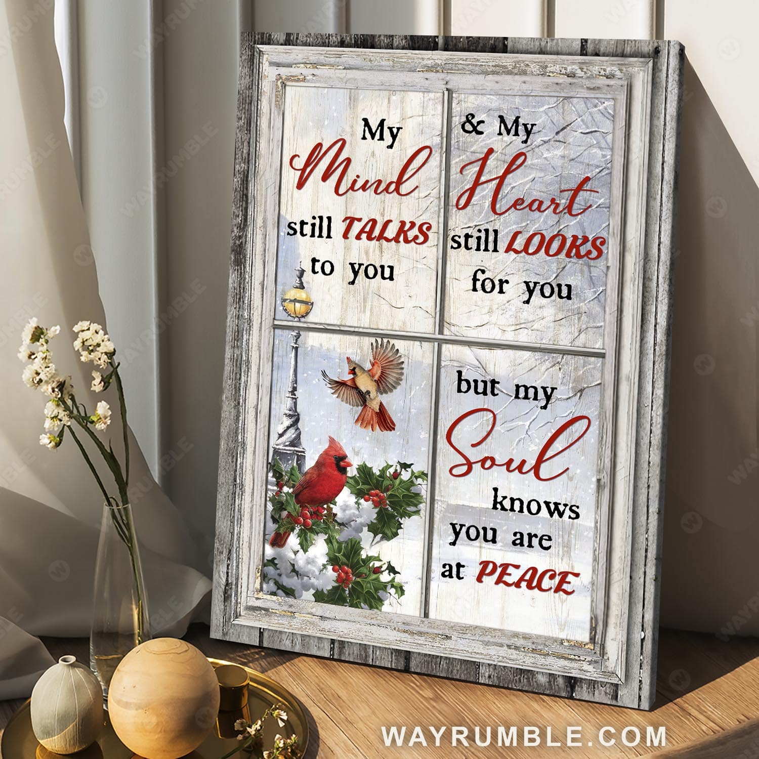 Cardinal, Winter, Vintage window, My mind still talks to you - Heaven Portrait Canvas Prints, Wall Art