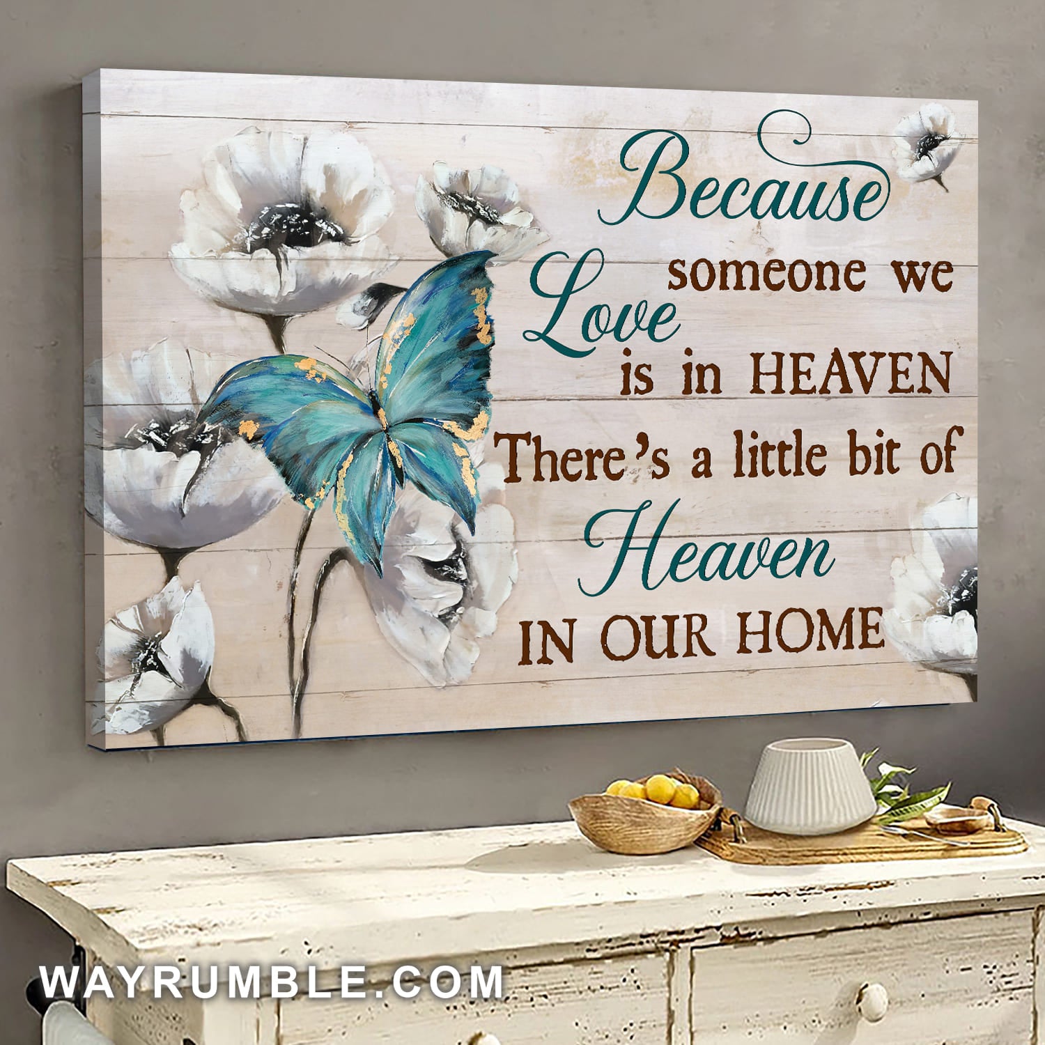 White poppy, flower painting, Blue butterfly, There's a little bit of heaven in our home - Heaven Landscape Canvas Prints, Wall Art