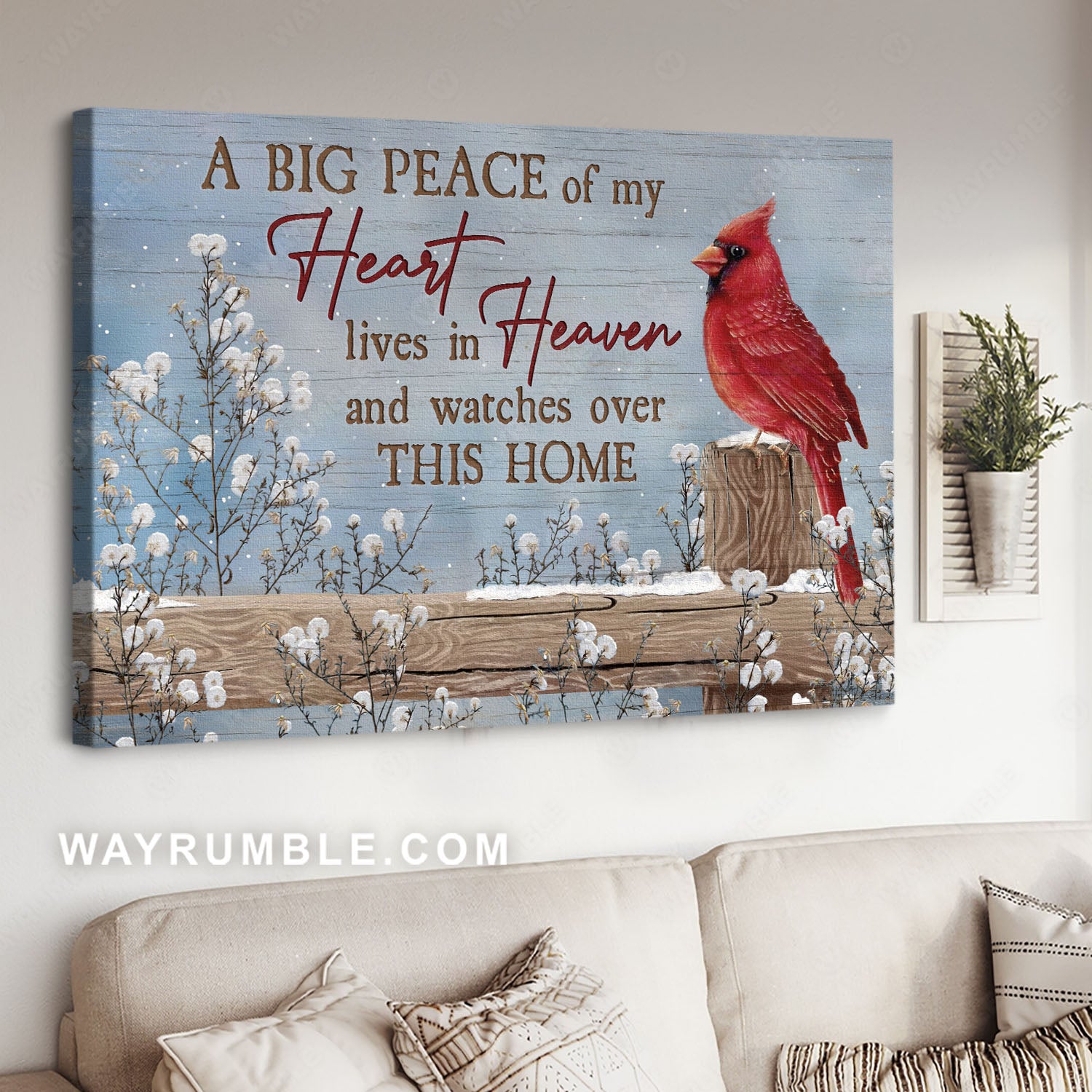 Red Cardinal, Winter season, White flower, A big peace of my heart lives in heaven - Heaven Landscape Canvas Prints, Home Decor Wall Art