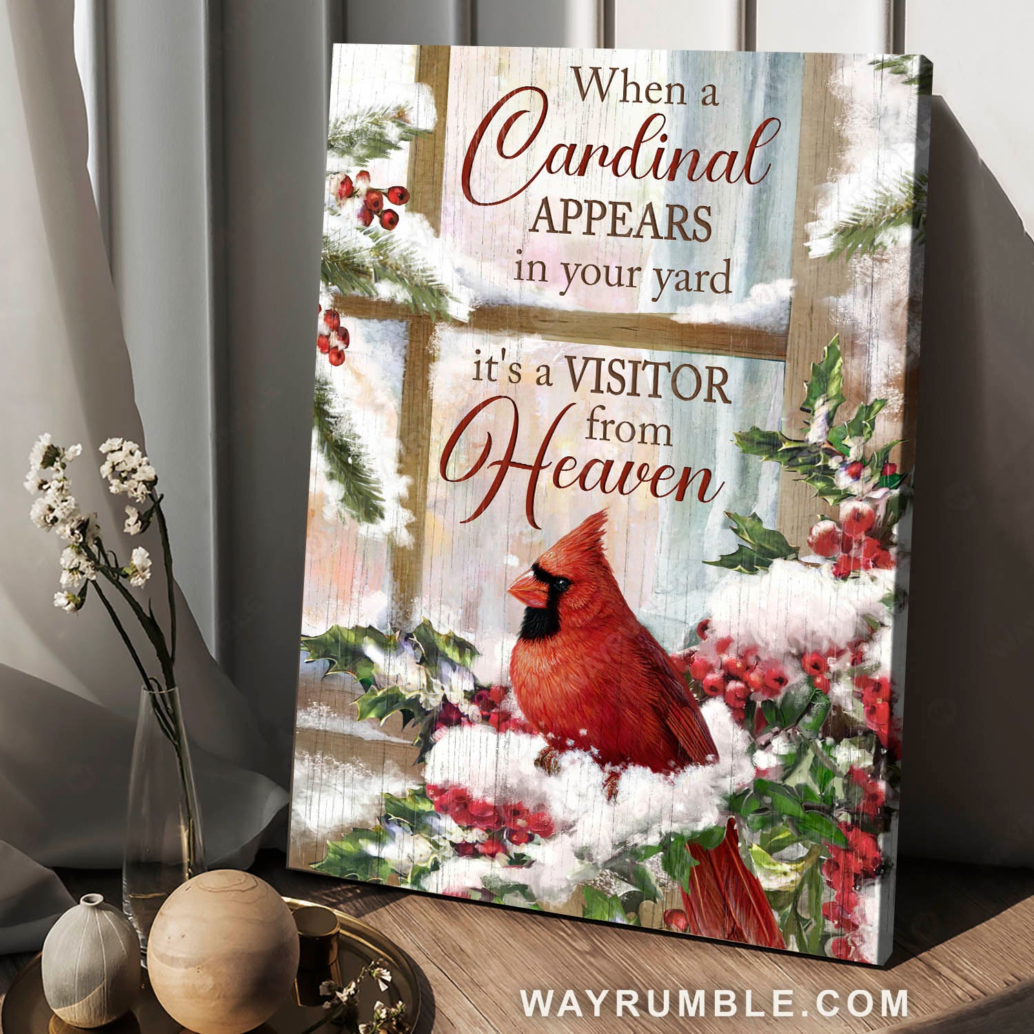 Red cardinal, Cranberry drawing, Winter season, When a cardinal appears in your yard - Heaven Portrait Canvas Prints, Home Decor Wall Art