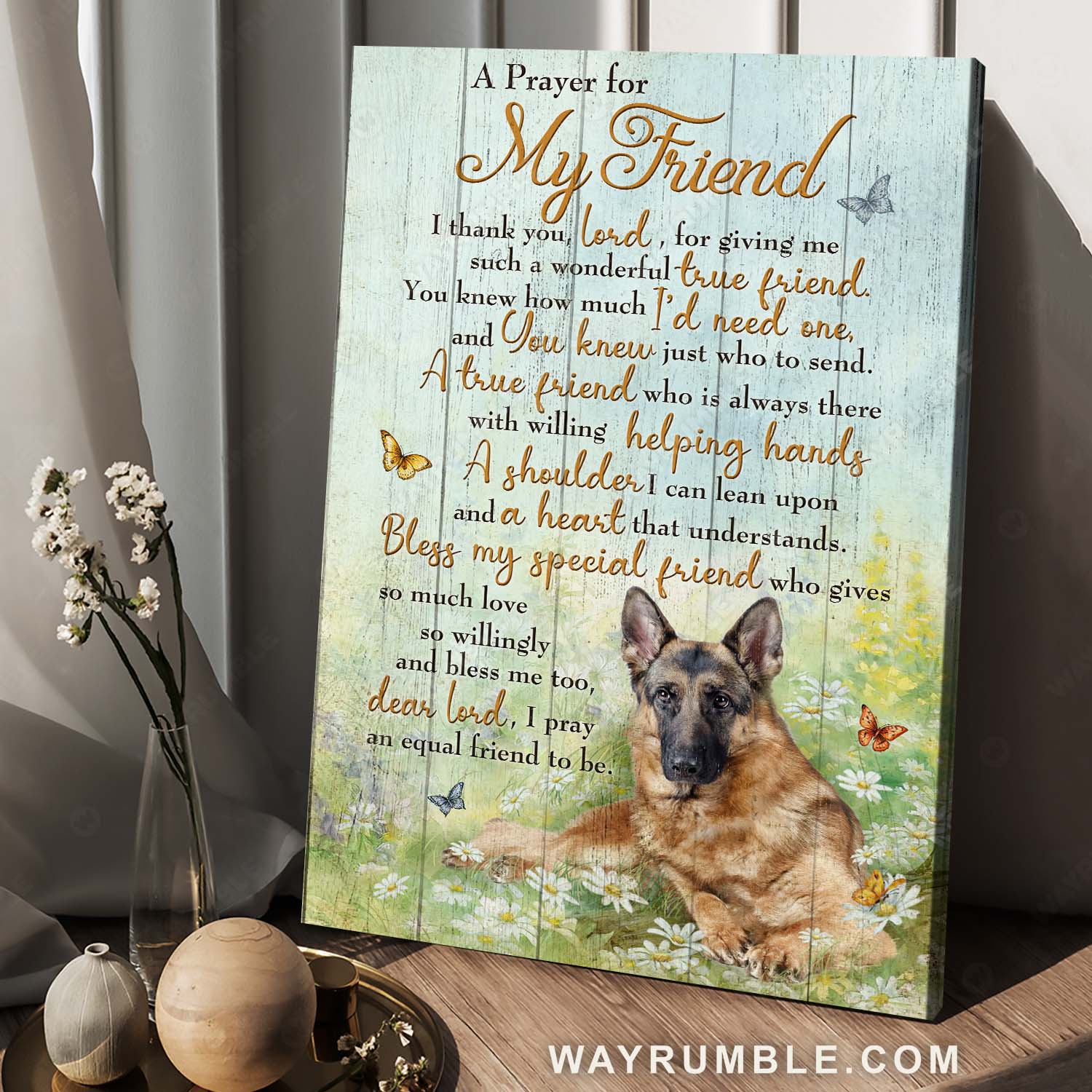 German Shepherd, Flower garden, Lovely butterfly, A prayer for my friend - Heaven Portrait Canvas Prints, Home Decor Wall Art