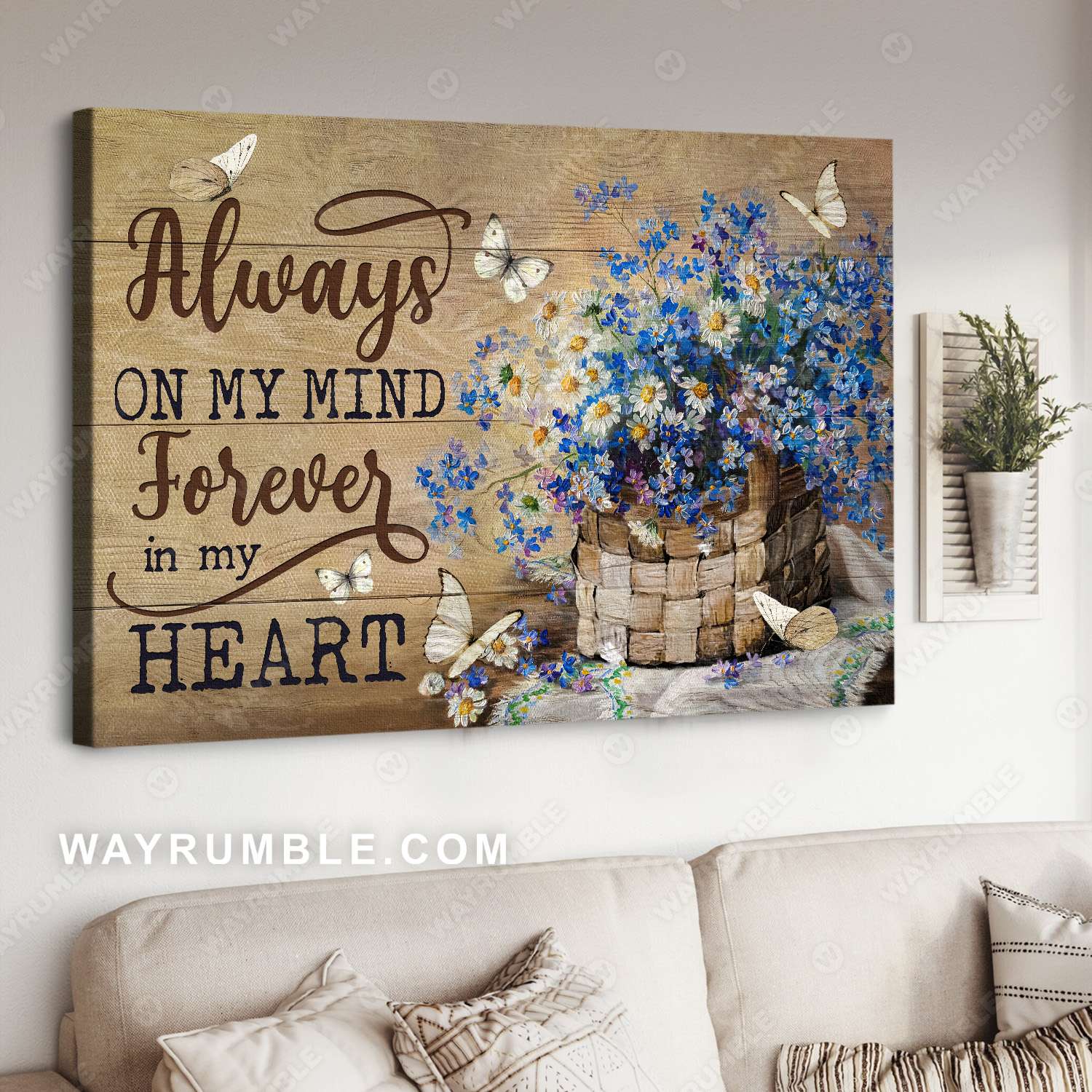 White butterfly, Pretty daisy, Blue flower, Always on my mind, forever in my heart - Heaven Landscape Canvas Prints, Wall Art
