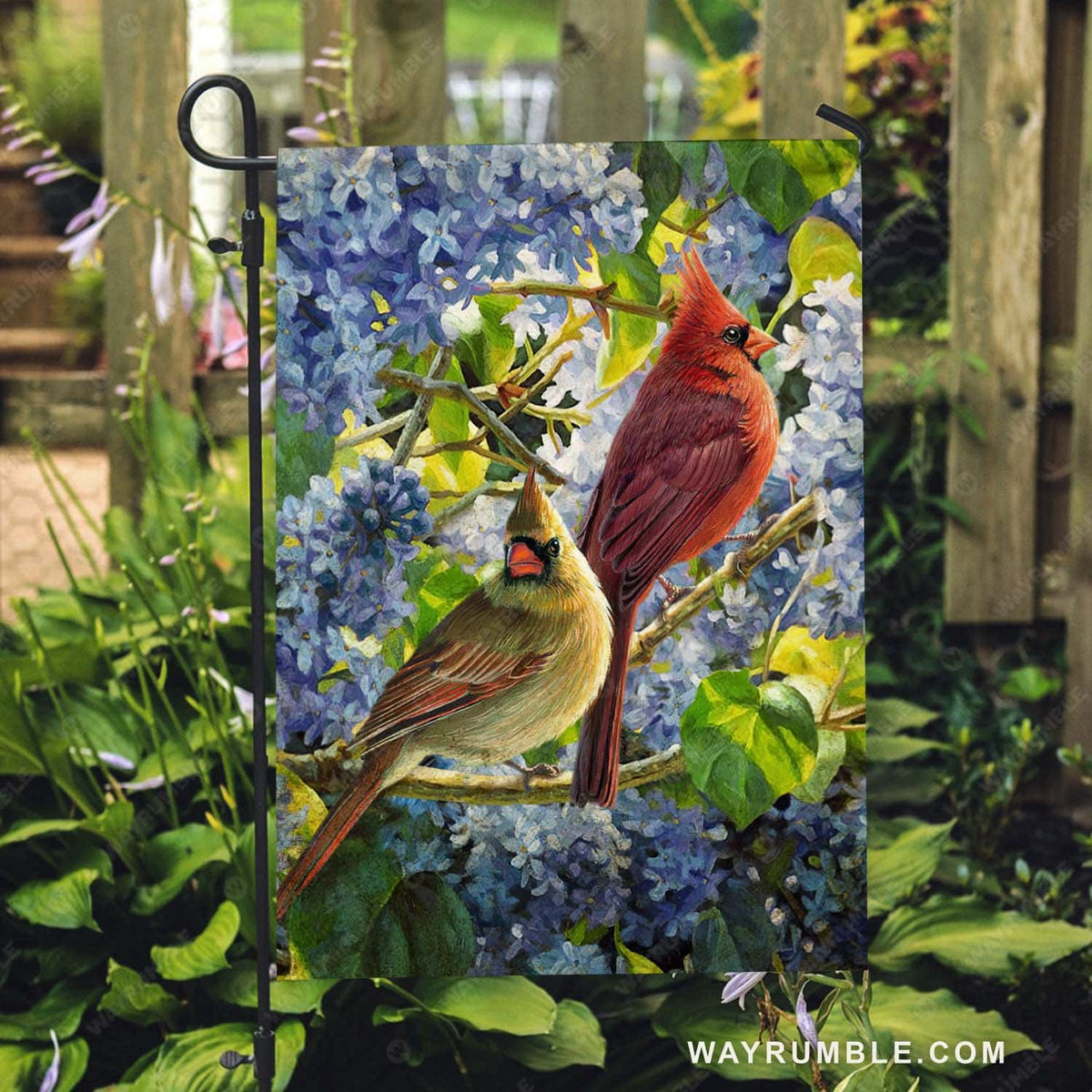 Watercolor cardinal painting, Cardinal couple, Nature drawing, Blue flower branches, Memorial gift - Heaven Flag