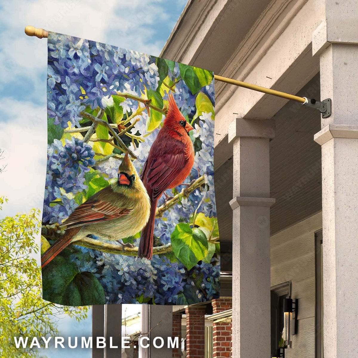 Watercolor cardinal painting, Cardinal couple, Nature drawing, Blue flower branches, Memorial gift - Heaven Flag