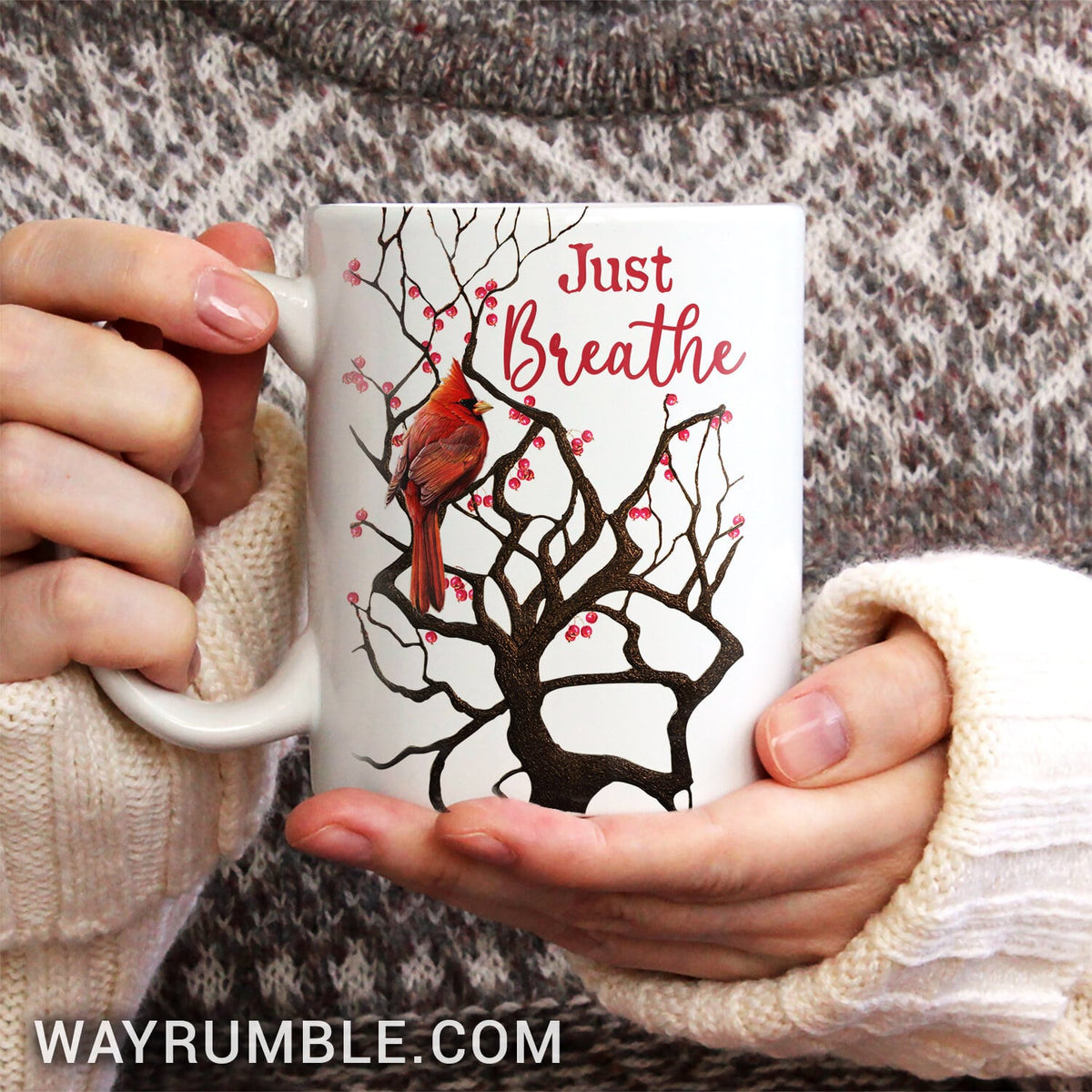 Cranberry tree, Big red cardinal, Winter painting, Just breathe - Heaven White Mug