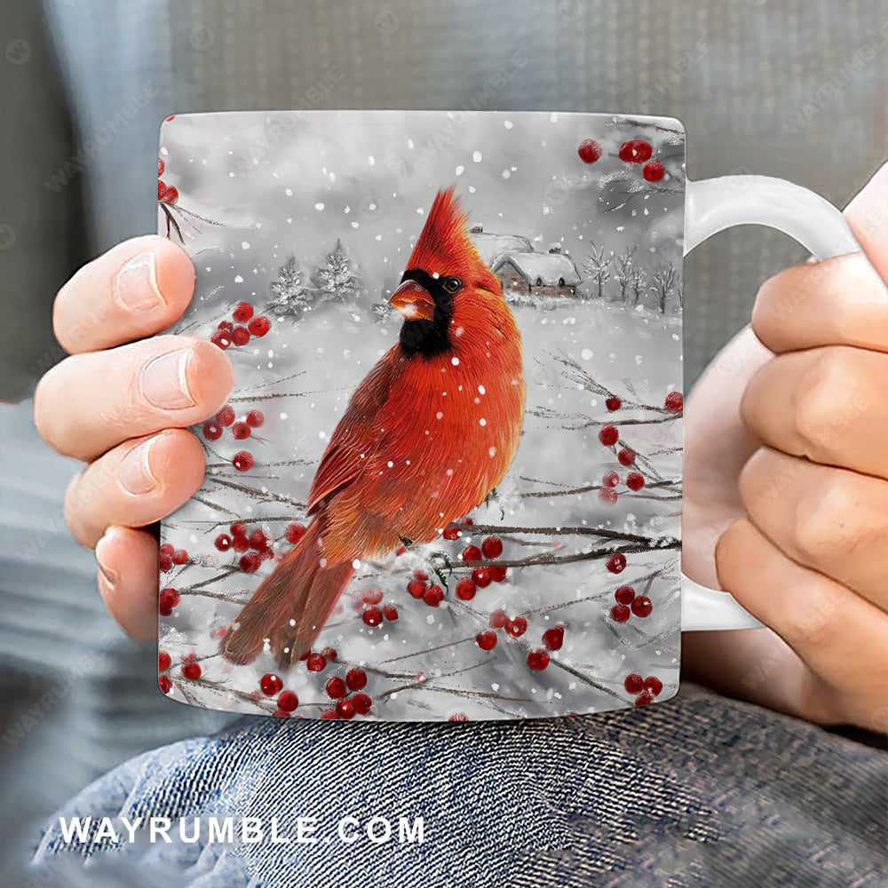 Red cardinal, Cranberry tree, Winter season, Beautiful bird painting - Heaven White Mug