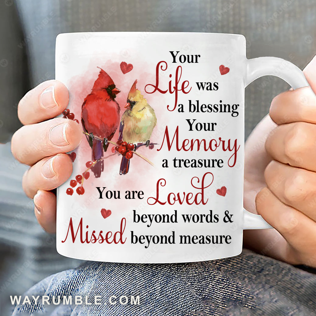 Red cranberry, Watercolor cardinal, Heart symbol, Your life was a blessing - Heaven White Mug