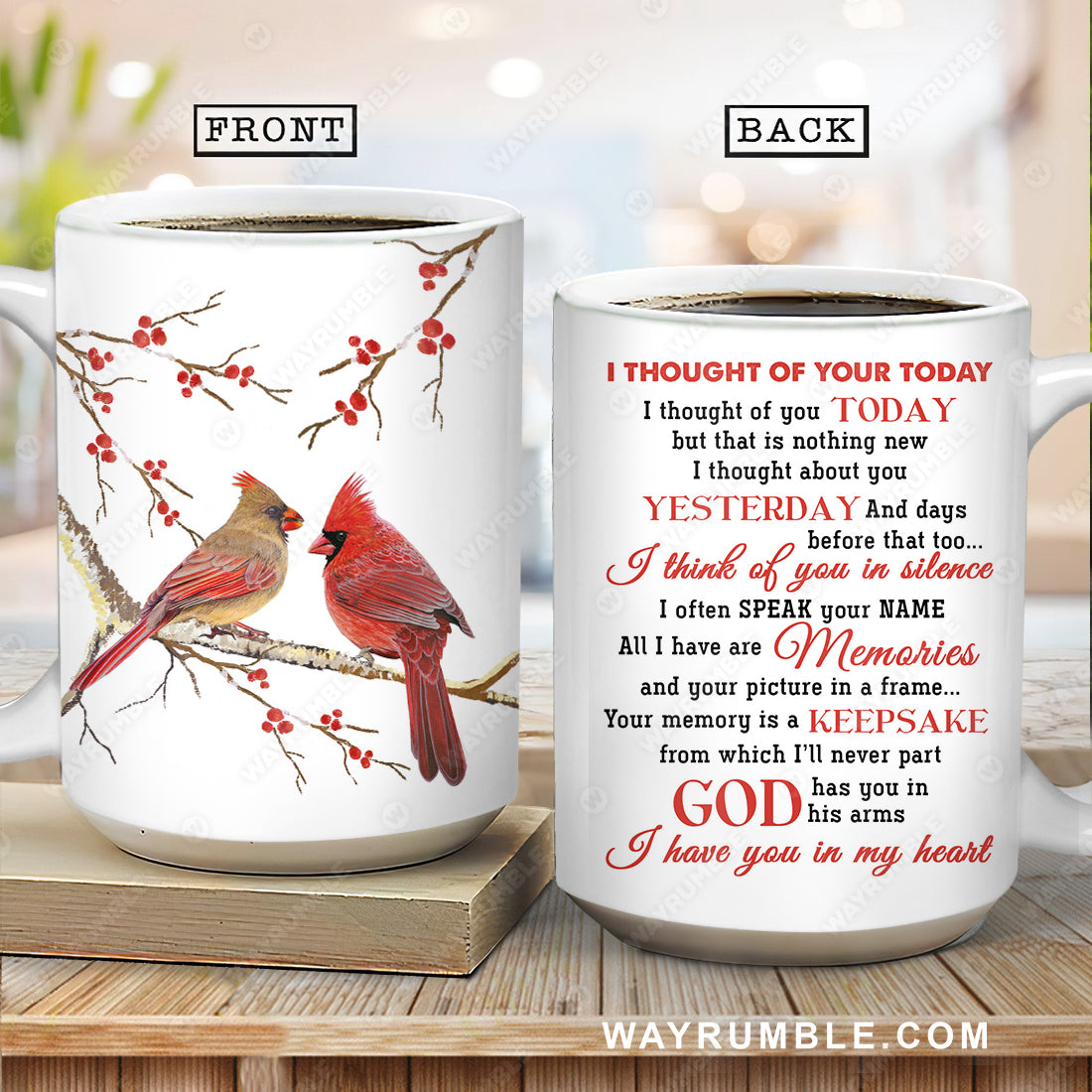 Cardinal couple, Cranberry branch, Good memories, I thought of you today - Heaven White Mug